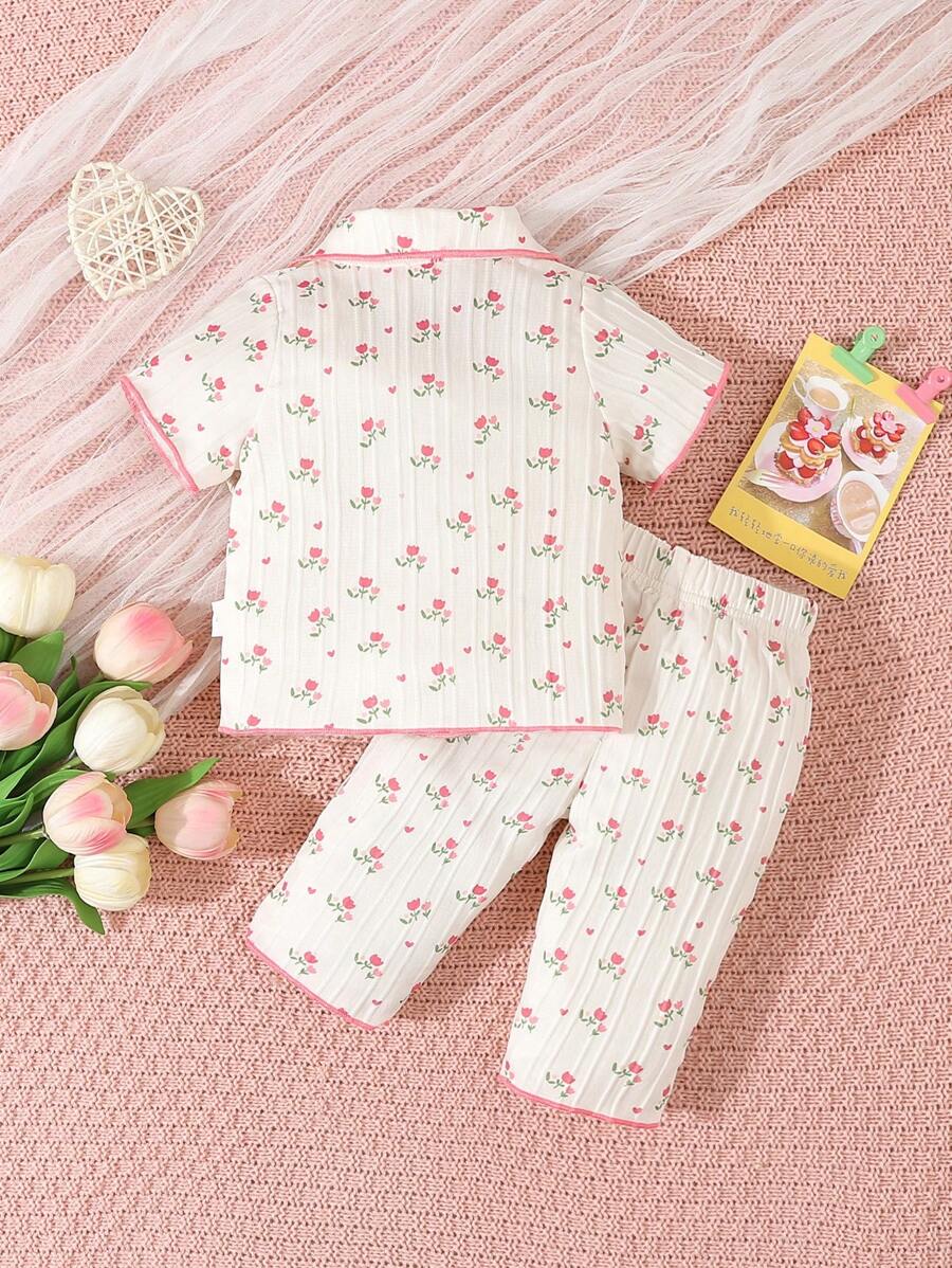  | SHEIN Baby Girl Light Pink Simple Print Short Sleeve T-Shirt And Shorts Casual 2pcs Home Outfit | Bodysuit | Shein | OneHub