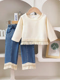 SHEIN Baby Girl Solid Color Fringed Long Sleeve Top And Fringe Denim Pants Set