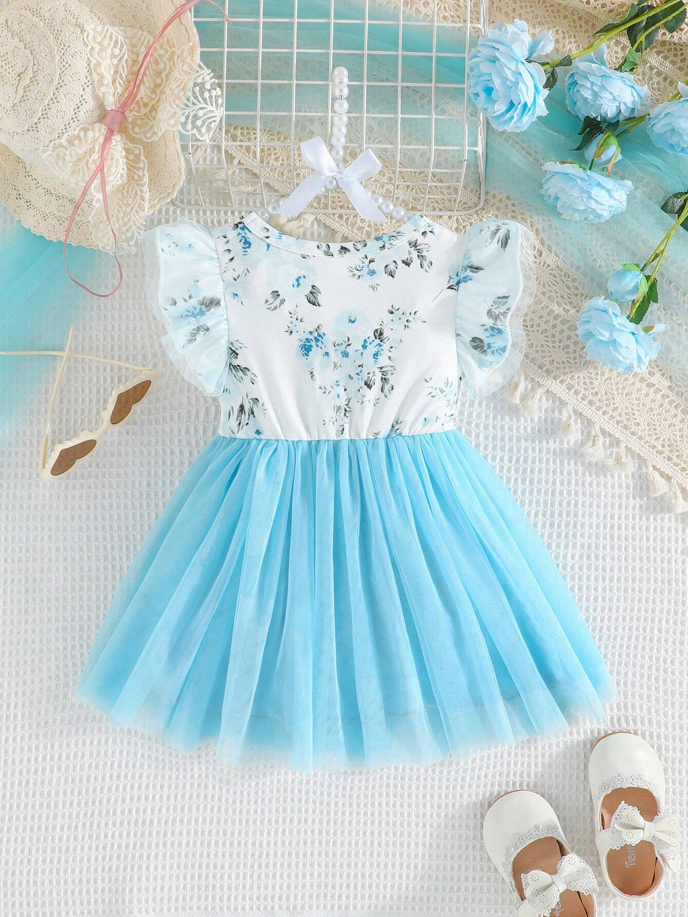  | SHEIN Baby Girl Summer Double-Layer Mesh Dress With Ruffle Sleeve Opening And Flower Print, Round Neck And Dual-Layer Mesh With Bow Decoration | Dress | Shein | OneHub