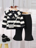 SHEIN Baby Girls' Black & White Striped Long Sleeve Top And Plain Flared Pants Set With Big Collar