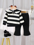 SHEIN Baby Girls' Black & White Striped Long Sleeve Top And Plain Flared Pants Set With Big Collar
