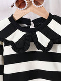 SHEIN Baby Girls' Black & White Striped Long Sleeve Top And Plain Flared Pants Set With Big Collar
