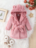 SHEIN Baby Girls' Hooded Bathrobe With 3d Ear Design And Waist Belt Included