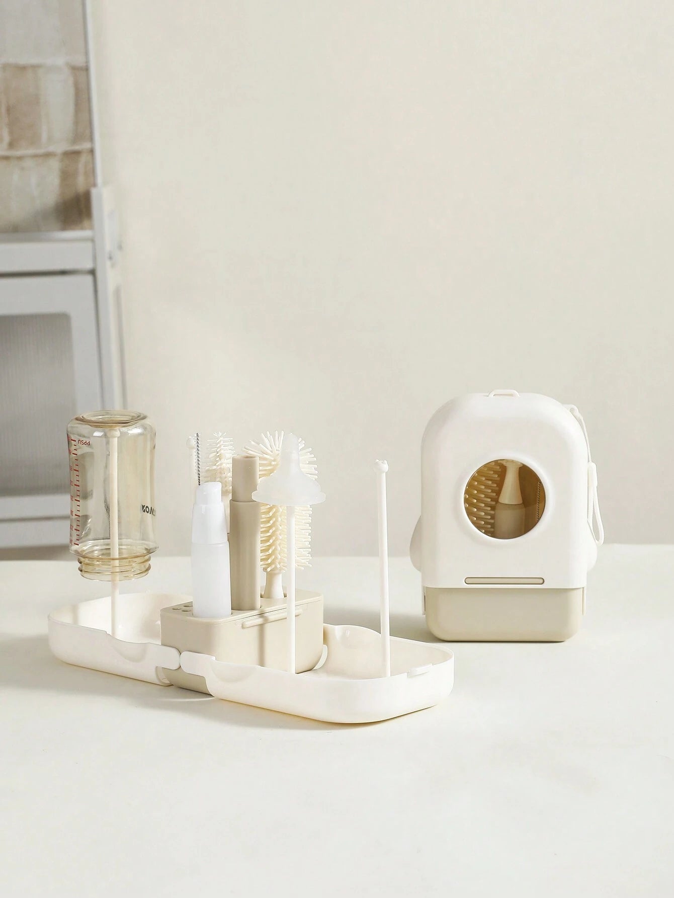 SHEIN Baby Silicone Portable Bottle Brush Set, Newborn Cleaning Brush For Travel, Multi-Function Bottle Drying Rack & Storage Box