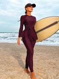 SHEIN Bikinx Solid Color Side Waist Twist Long Sleeve Top And Pants Burkini Swimwear Set For Beach Vacation