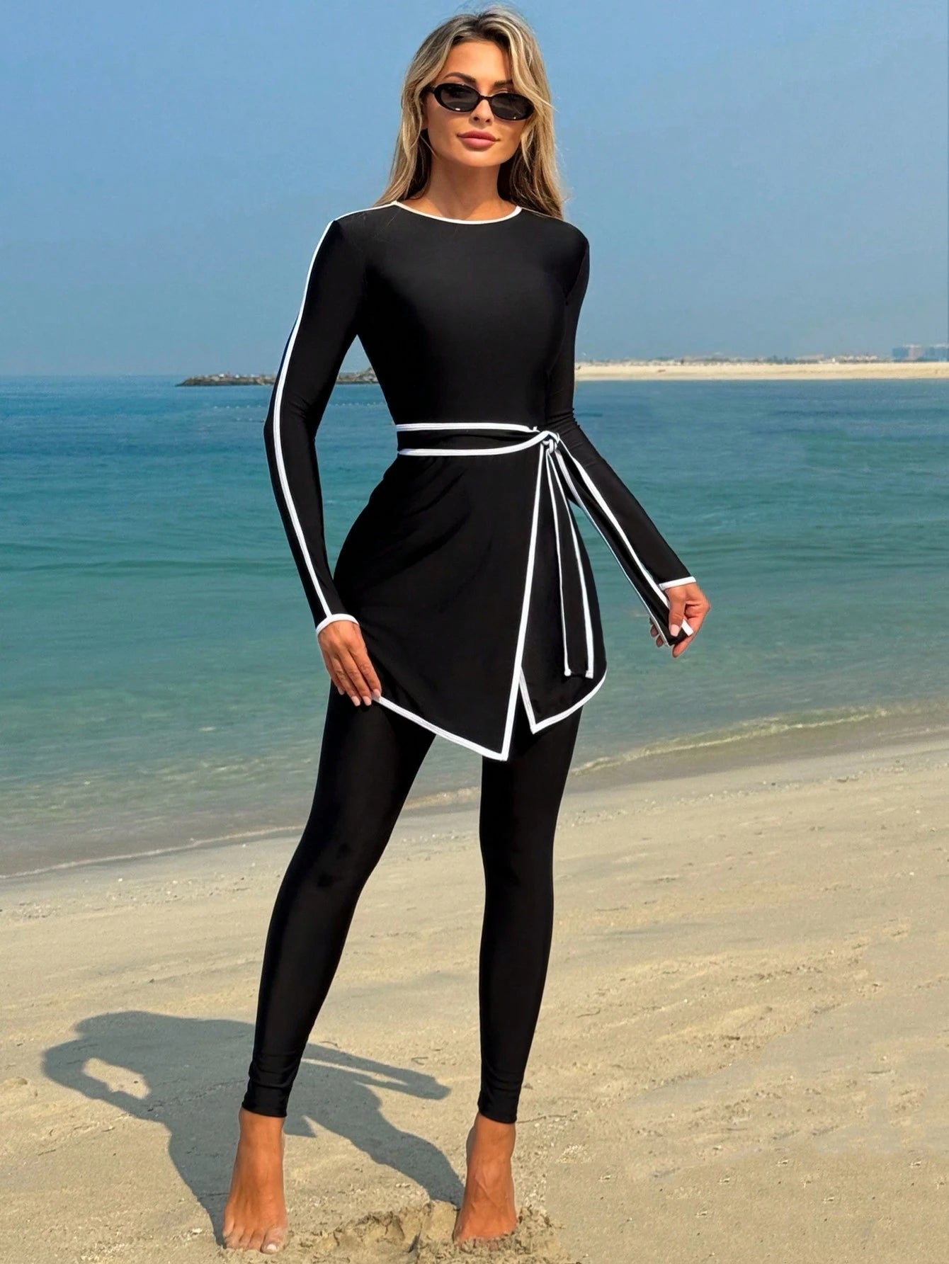  | SHEIN Bikinx Women's Contrast Binding Long Sleeve Modest Elegant Swimwear Set For Beach Vacation Summer | Lingerie | Shein | OneHub