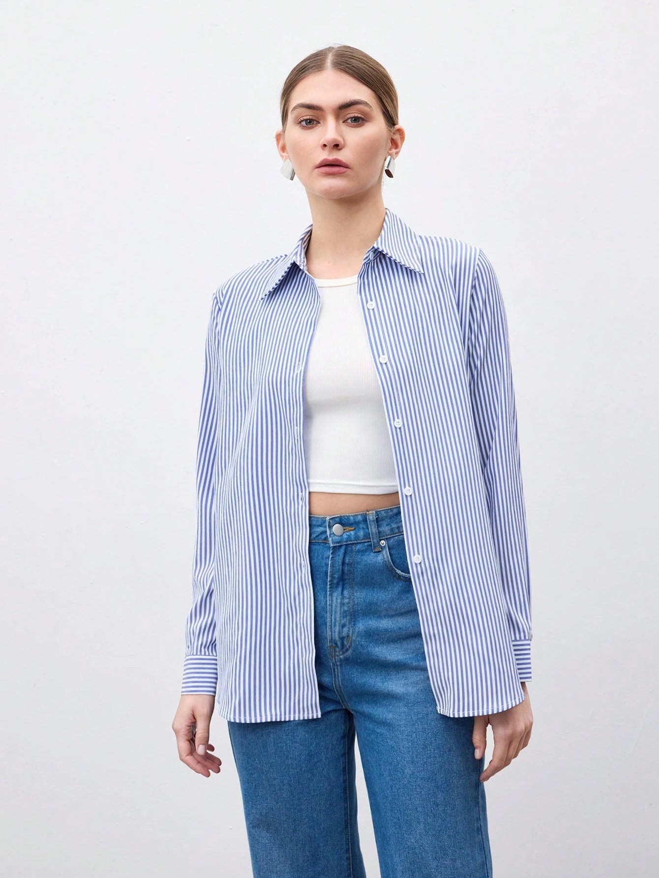 SHEIN BizChic Women's Blue And White Striped Print Button-Front Long Sleeve Shirt, Fashion Commuter Shirt, Casual Shirt, Business Casual Blouse, Elegant Ladies Formal Top