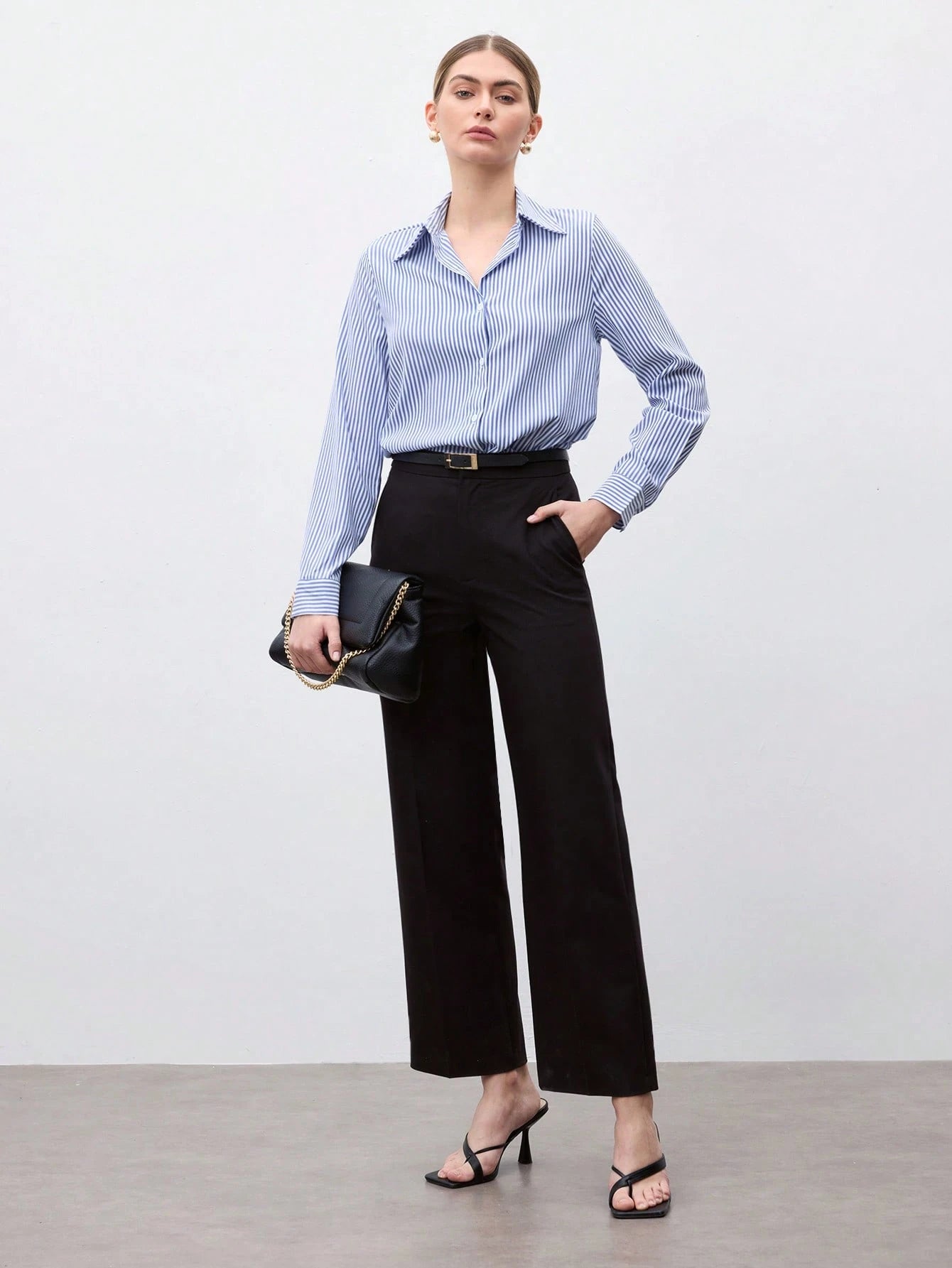 SHEIN BizChic Women's Blue And White Striped Print Button-Front Long Sleeve Shirt, Fashion Commuter Shirt, Casual Shirt, Business Casual Blouse, Elegant Ladies Formal Top