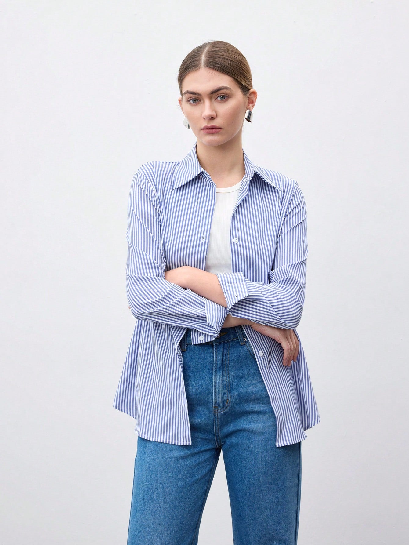 SHEIN BizChic Women's Blue And White Striped Print Button-Front Long Sleeve Shirt, Fashion Commuter Shirt, Casual Shirt, Business Casual Blouse, Elegant Ladies Formal Top