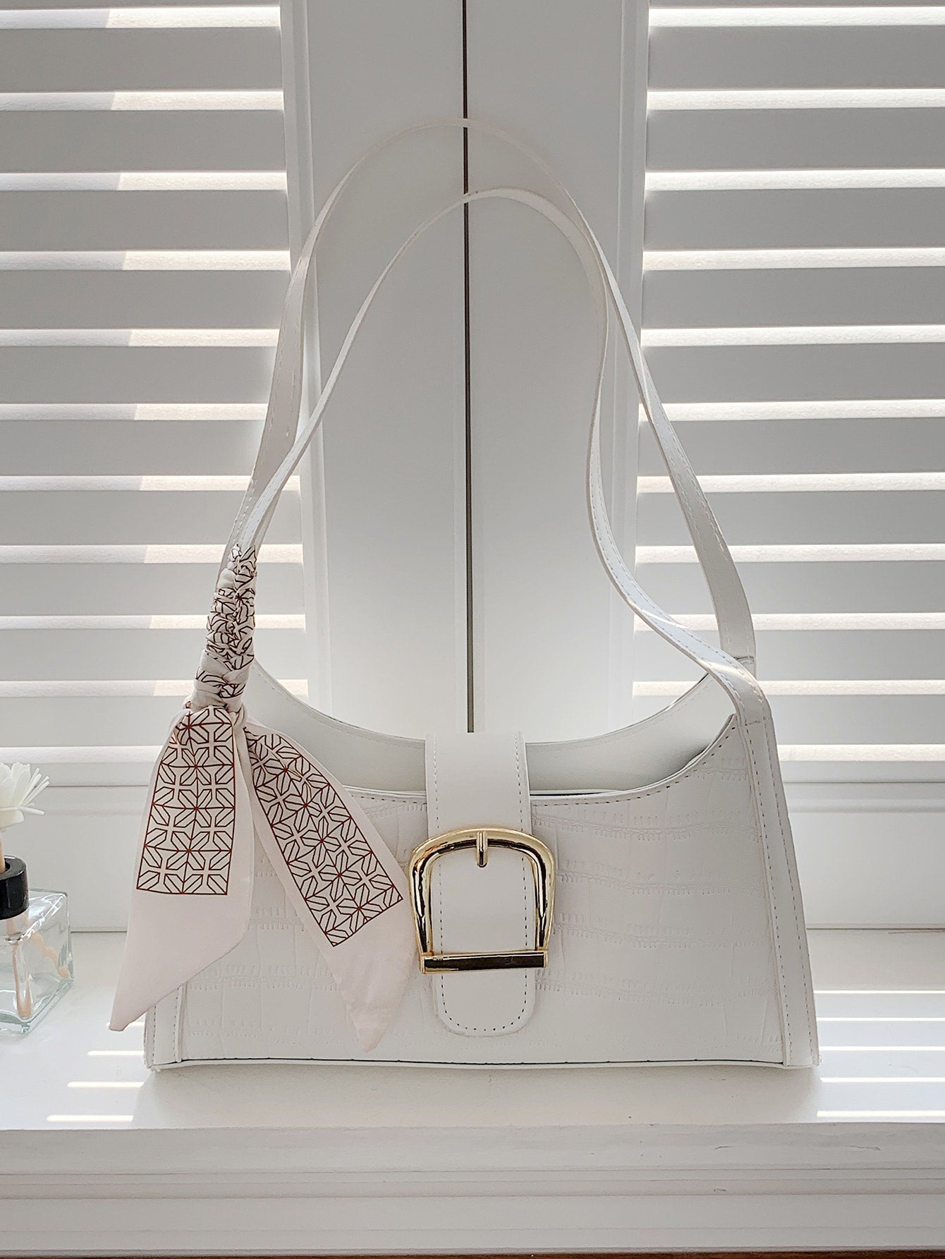  | SHEIN Bow Decor White Alligator Pattern Silk Scarf Decorated Armpit Bag | Bags | Shein | OneHub