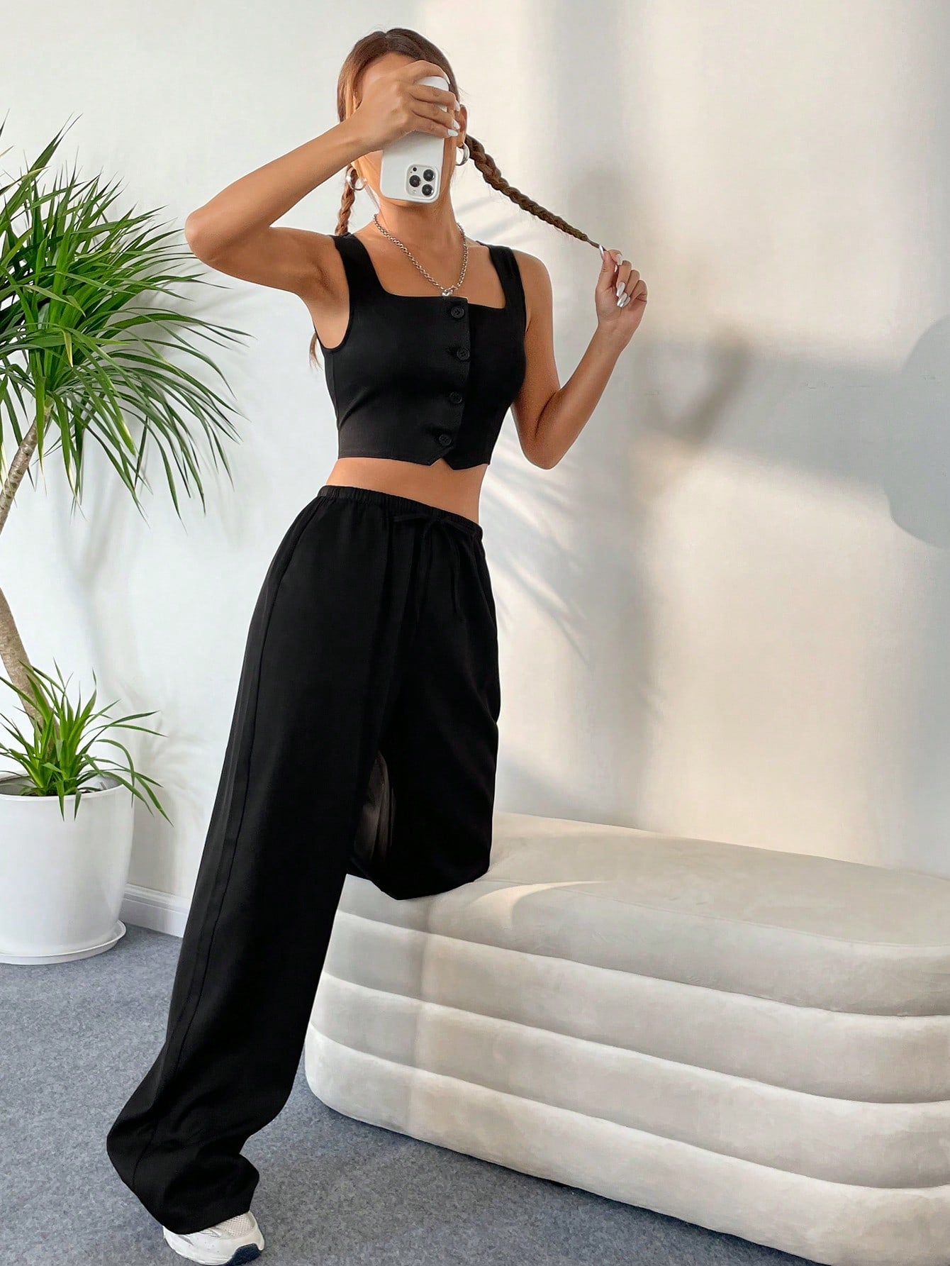  | SHEIN Button Front Tank Top & Wide Leg Pants | Top and Pant Set | Shein | OneHub