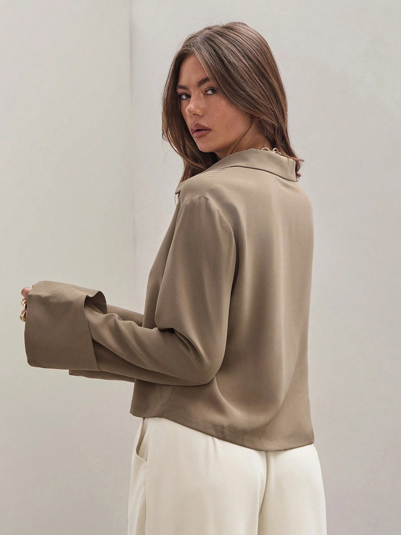  | SHEIN COSMINA Women's Plain Khaki Front Tie Long Sleeve Minimalist Business Casual Work Shirt, Casual Daily Wear FAll,Long Sleeve Tops | T-shirt | Shein | OneHub