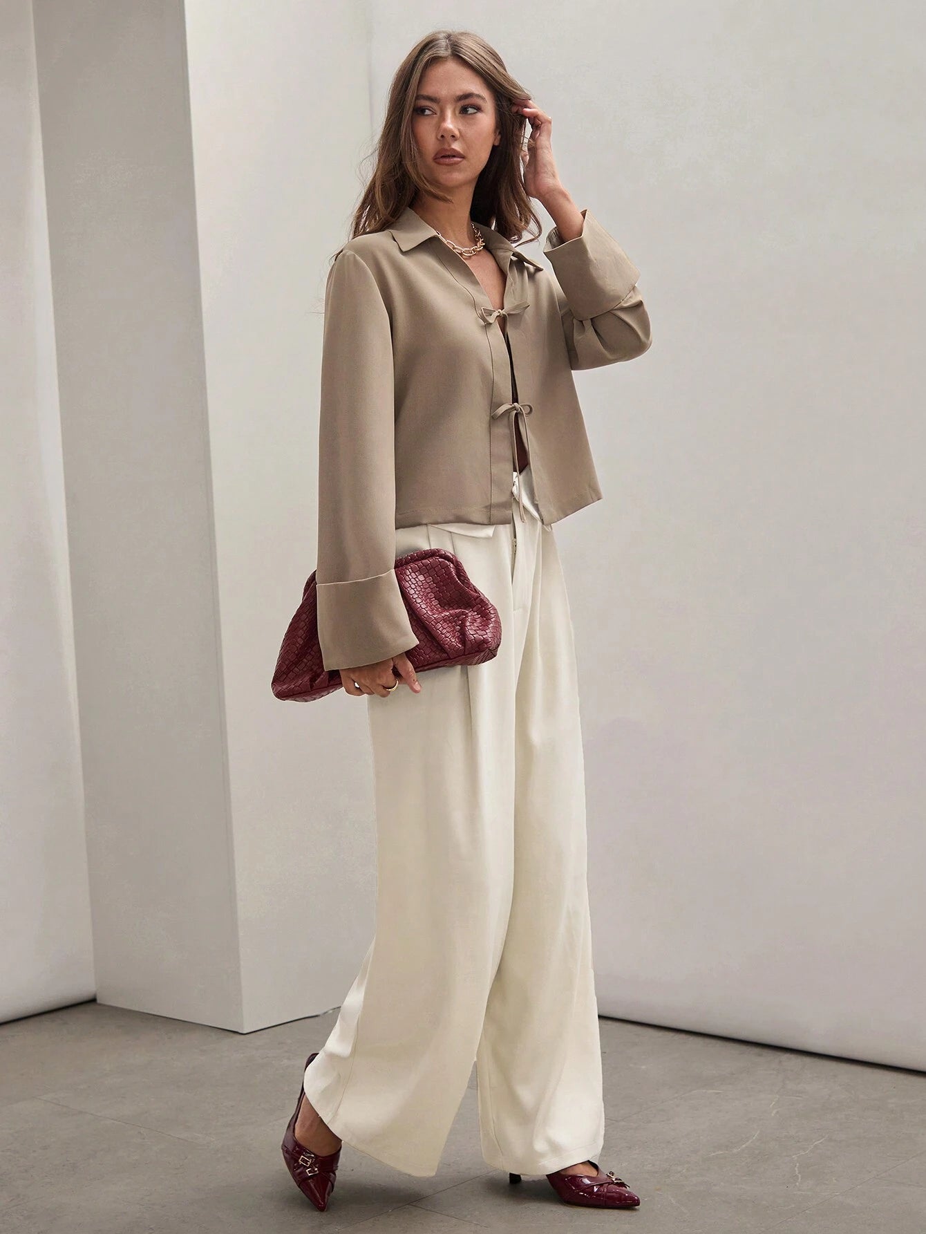  | SHEIN COSMINA Women's Plain Khaki Front Tie Long Sleeve Minimalist Business Casual Work Shirt, Casual Daily Wear FAll,Long Sleeve Tops | T-shirt | Shein | OneHub