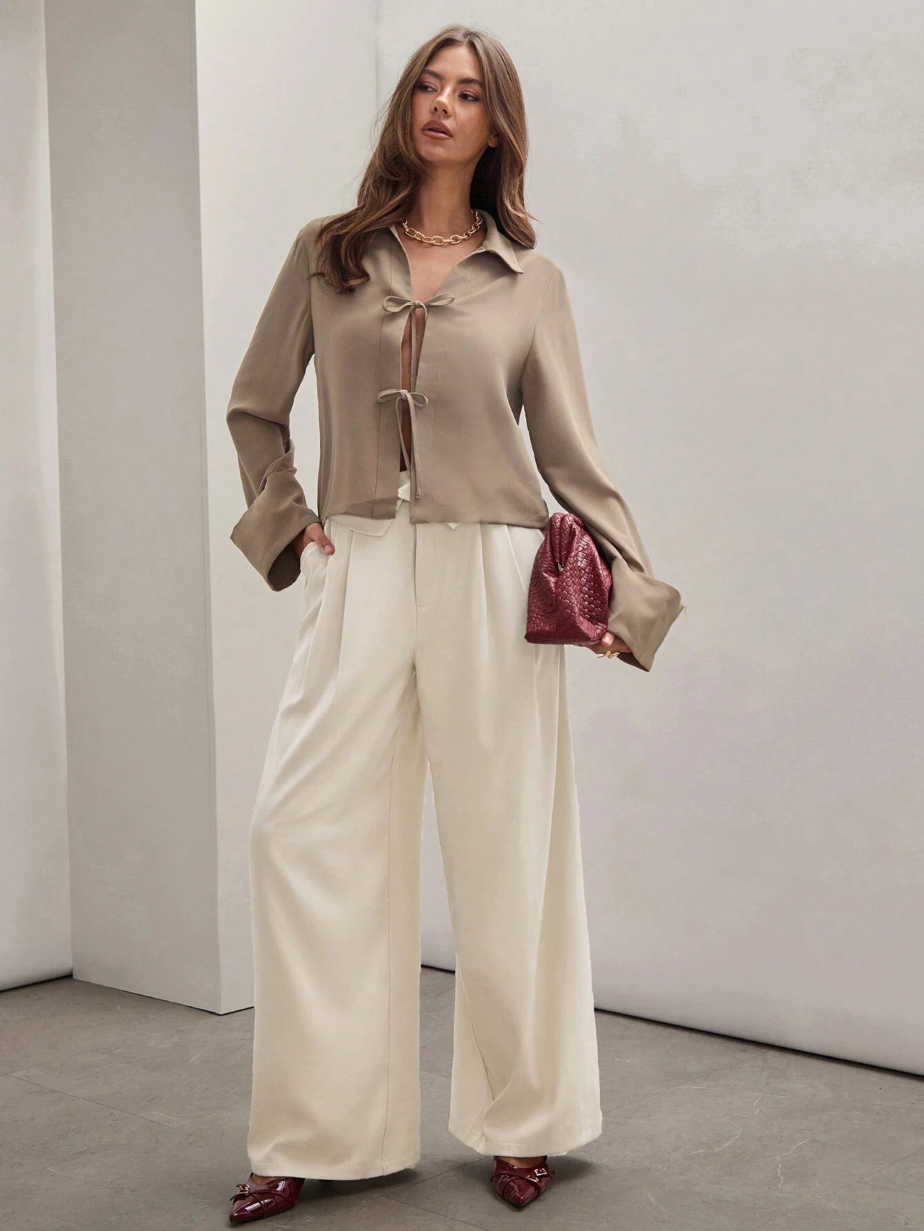  | SHEIN COSMINA Women's Plain Khaki Front Tie Long Sleeve Minimalist Business Casual Work Shirt, Casual Daily Wear FAll,Long Sleeve Tops | T-shirt | Shein | OneHub