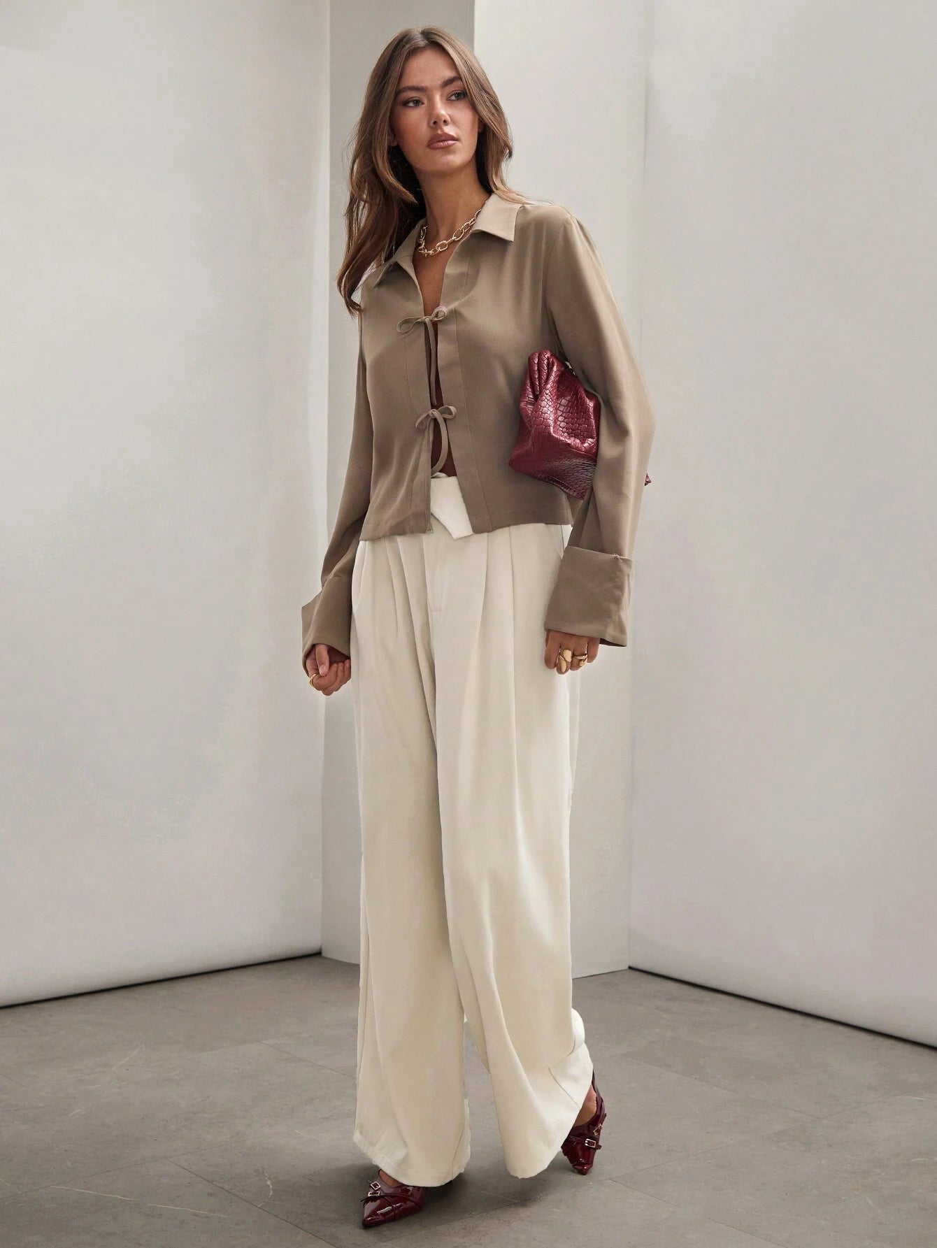  | SHEIN COSMINA Women's Plain Khaki Front Tie Long Sleeve Minimalist Business Casual Work Shirt, Casual Daily Wear FAll,Long Sleeve Tops | T-shirt | Shein | OneHub