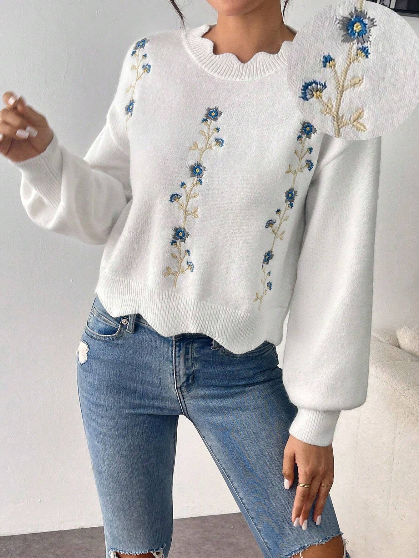 SHEIN Calvaya 1pc Loose Fit Floral Embroidered Sweater With Lace Collar, Suitable For Autumn/Winter,Long Sleeve Tops Knit Pullover Fall Outfit