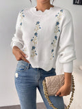 SHEIN Calvaya 1pc Loose Fit Floral Embroidered Sweater With Lace Collar, Suitable For Autumn/Winter,Long Sleeve Tops Knit Pullover Fall Outfit