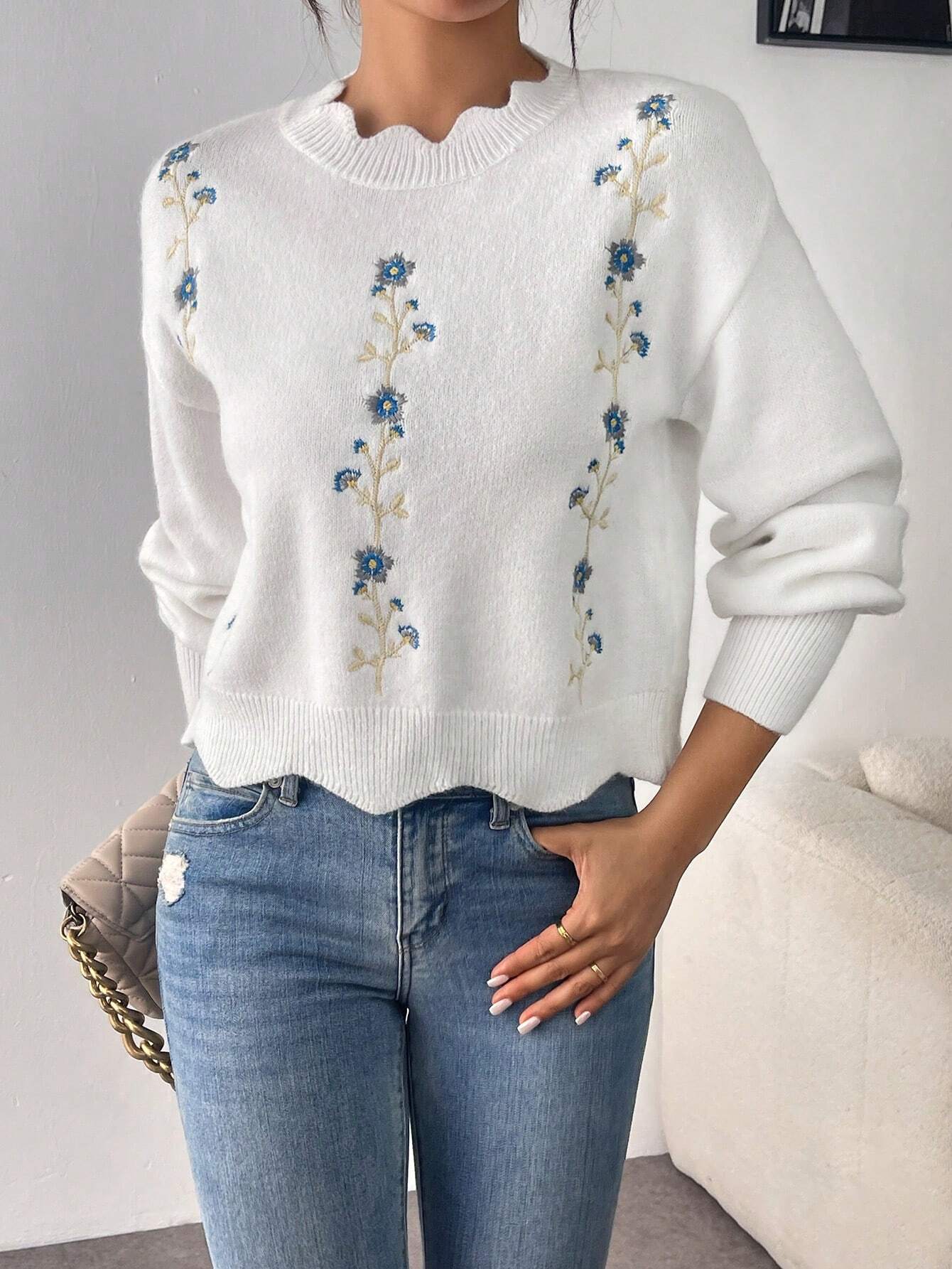 SHEIN Calvaya 1pc Loose Fit Floral Embroidered Sweater With Lace Collar, Suitable For Autumn/Winter,Long Sleeve Tops Knit Pullover Fall Outfit