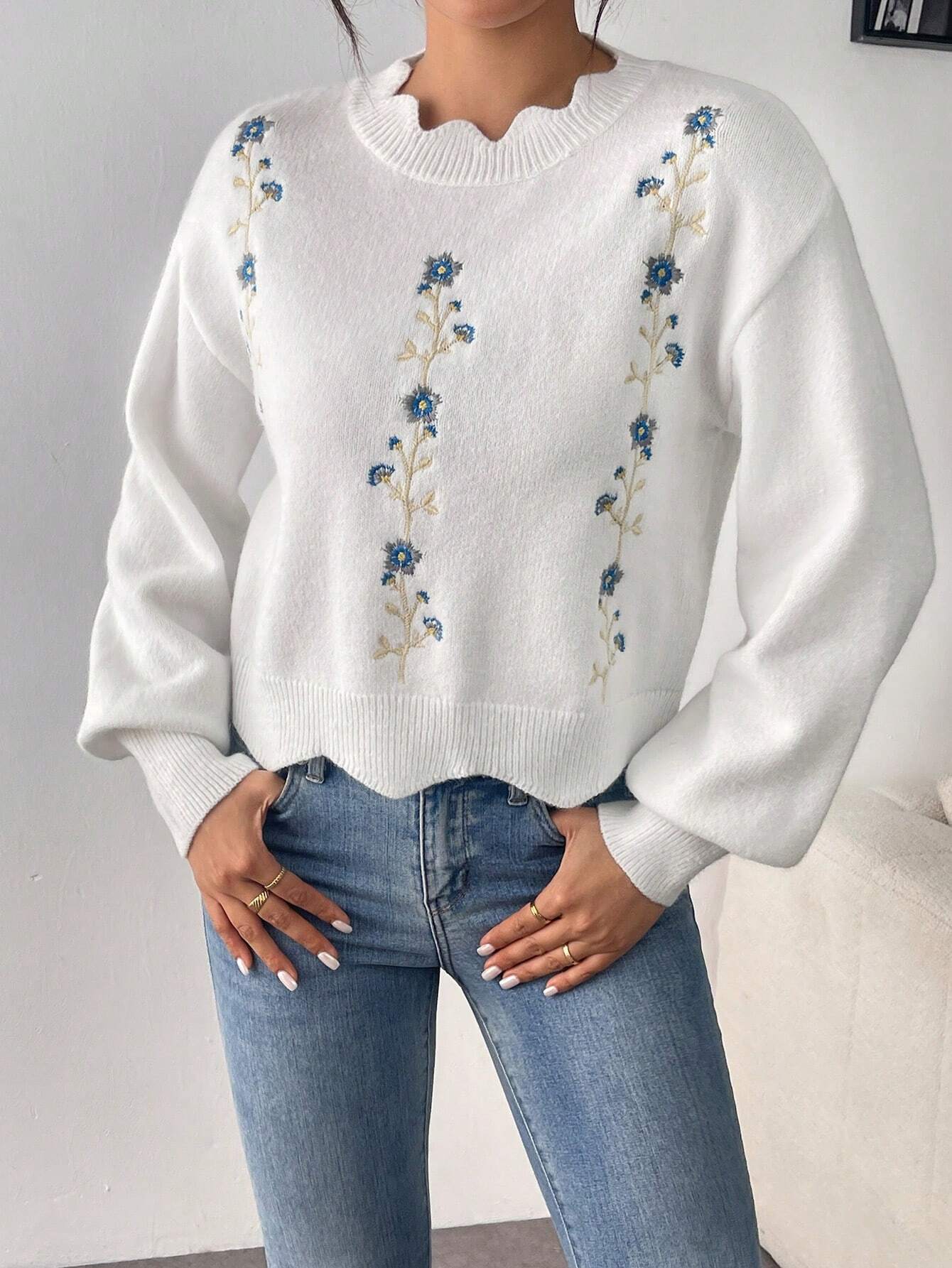SHEIN Calvaya 1pc Loose Fit Floral Embroidered Sweater With Lace Collar, Suitable For Autumn/Winter,Long Sleeve Tops Knit Pullover Fall Outfit