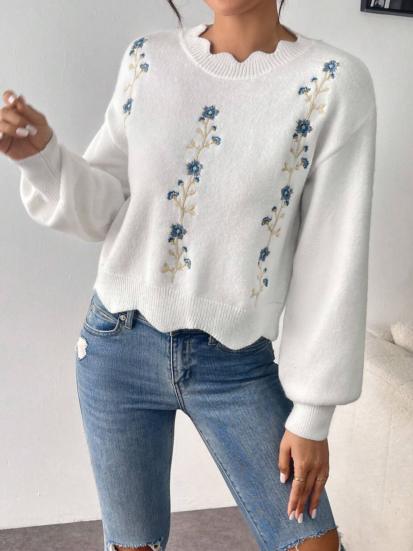 SHEIN Calvaya 1pc Loose Fit Floral Embroidered Sweater With Lace Collar, Suitable For Autumn/Winter,Long Sleeve Tops Knit Pullover Fall Outfit