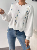 SHEIN Calvaya 1pc Loose Fit Floral Embroidered Sweater With Lace Collar, Suitable For Autumn/Winter,Long Sleeve Tops Knit Pullover Fall Outfit