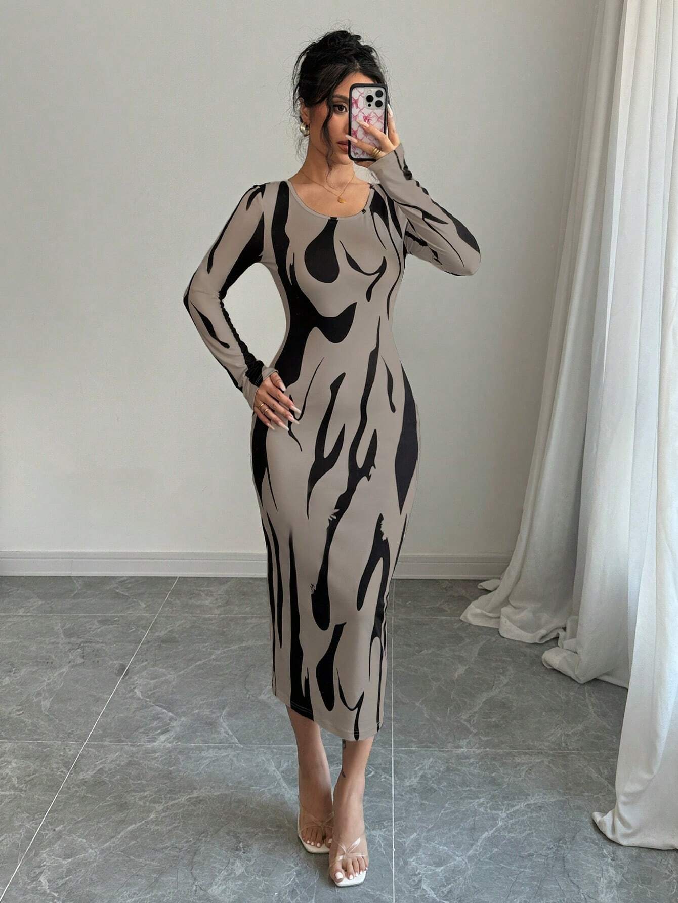  | SHEIN Calvaya Asymmetrical Print Long Sleeve Round Neck Midi Bodycon Dress For Women Maxi Women Outfit | Dress | Shein | OneHub