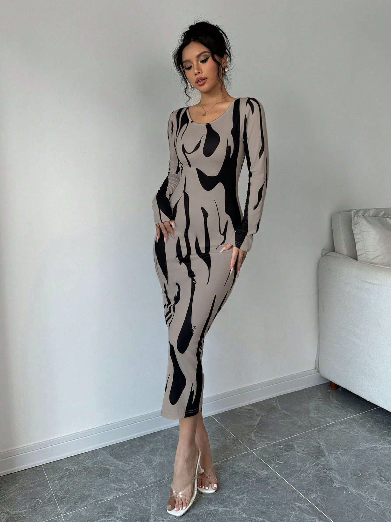  | SHEIN Calvaya Asymmetrical Print Long Sleeve Round Neck Midi Bodycon Dress For Women Maxi Women Outfit | Dress | Shein | OneHub