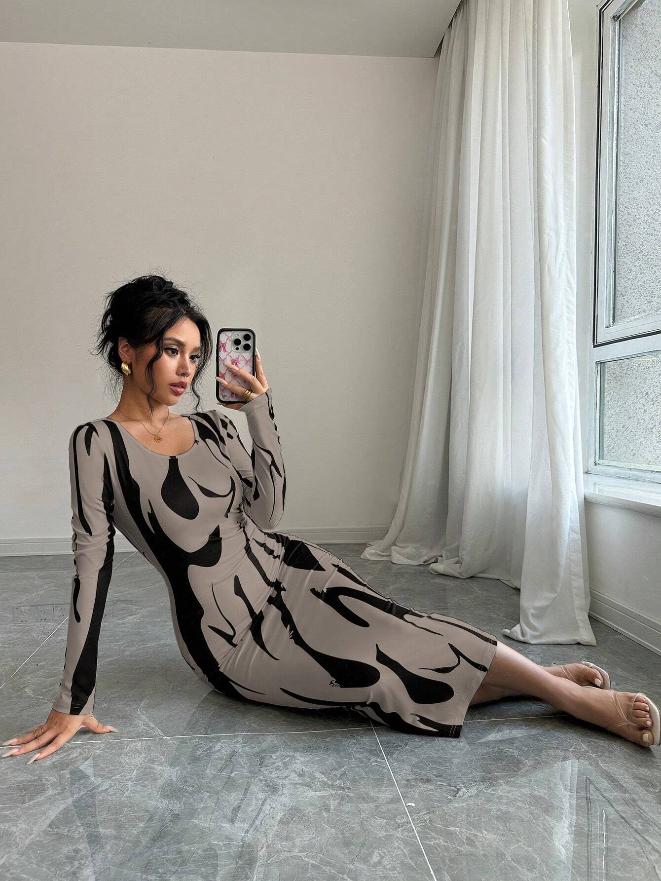  | SHEIN Calvaya Asymmetrical Print Long Sleeve Round Neck Midi Bodycon Dress For Women Maxi Women Outfit | Dress | Shein | OneHub