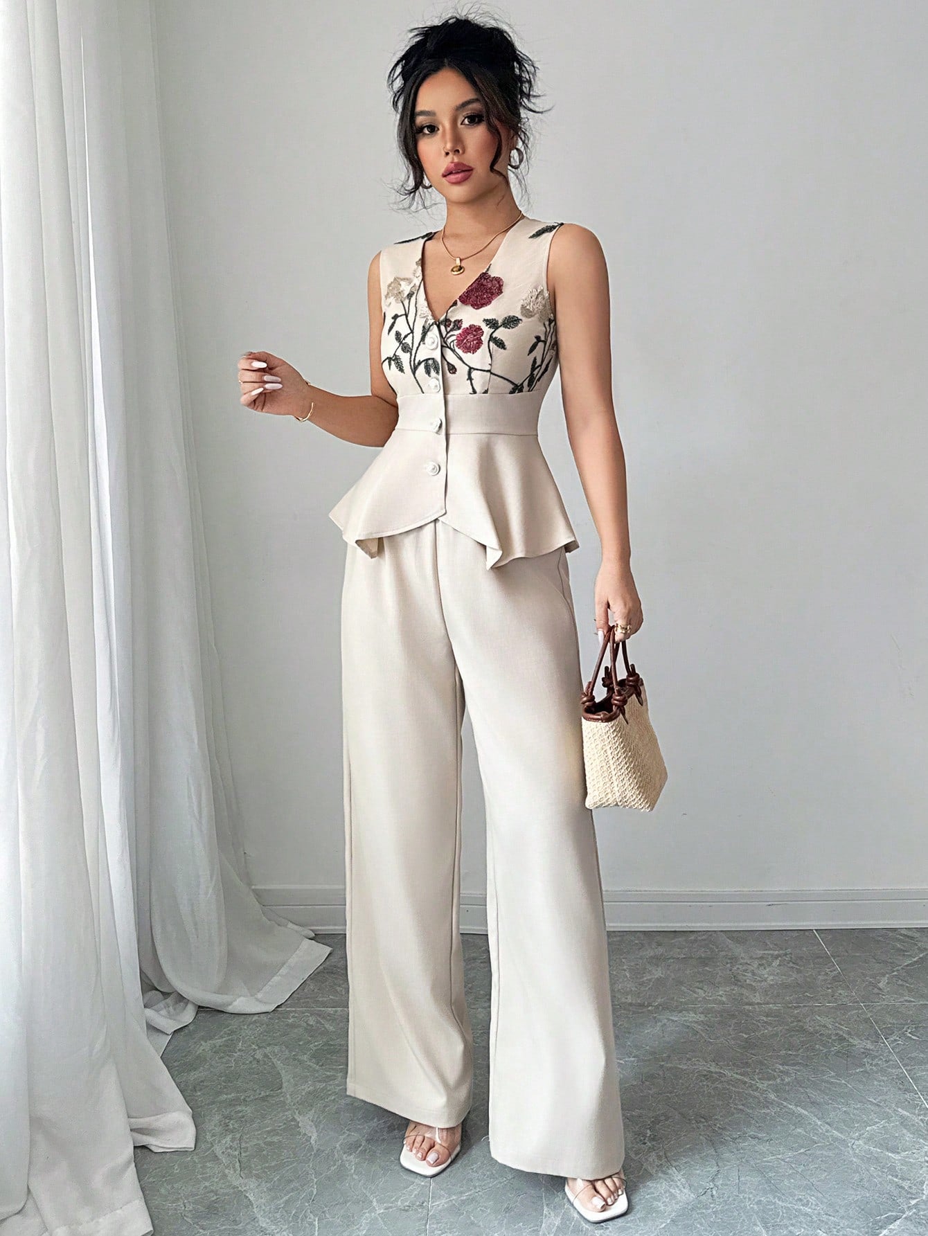 SHEIN Chiquease 2Pcs Embroidered V-Neck Sleeveless Breasted Waist With Asymmetrical Hem Elegant Casual Women's Spring/Summer Vacation Outfit