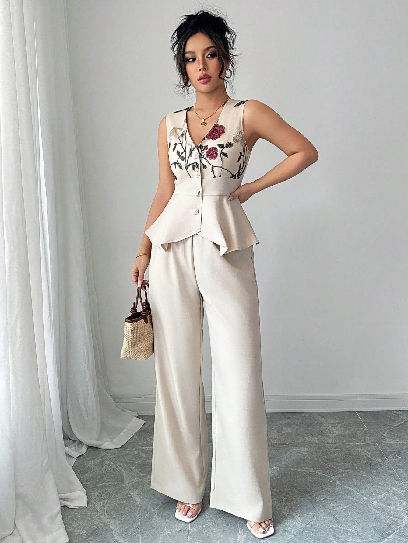 SHEIN Chiquease 2Pcs Embroidered V-Neck Sleeveless Breasted Waist With Asymmetrical Hem Elegant Casual Women's Spring/Summer Vacation Outfit