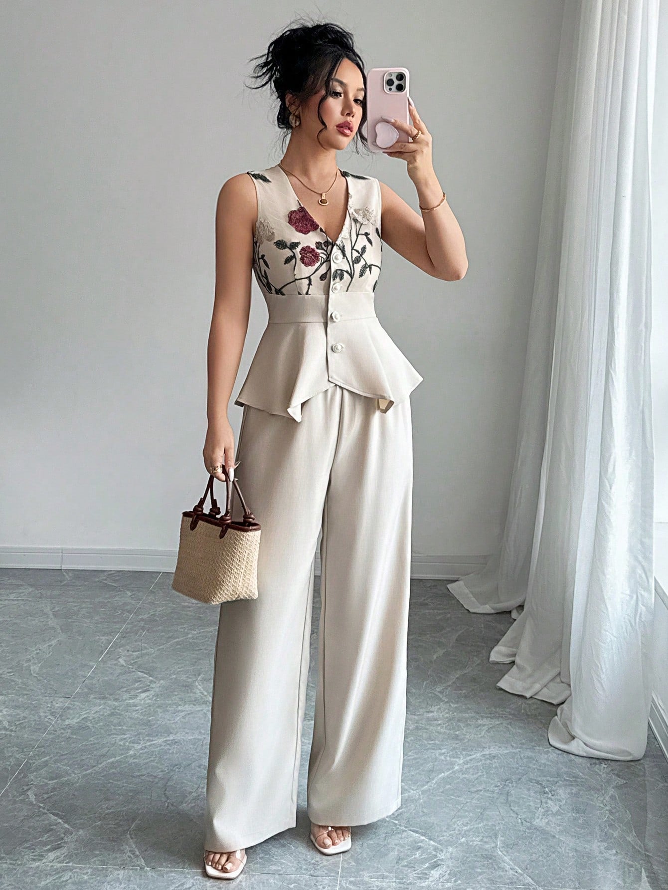 SHEIN Chiquease 2Pcs Embroidered V-Neck Sleeveless Breasted Waist With Asymmetrical Hem Elegant Casual Women's Spring/Summer Vacation Outfit