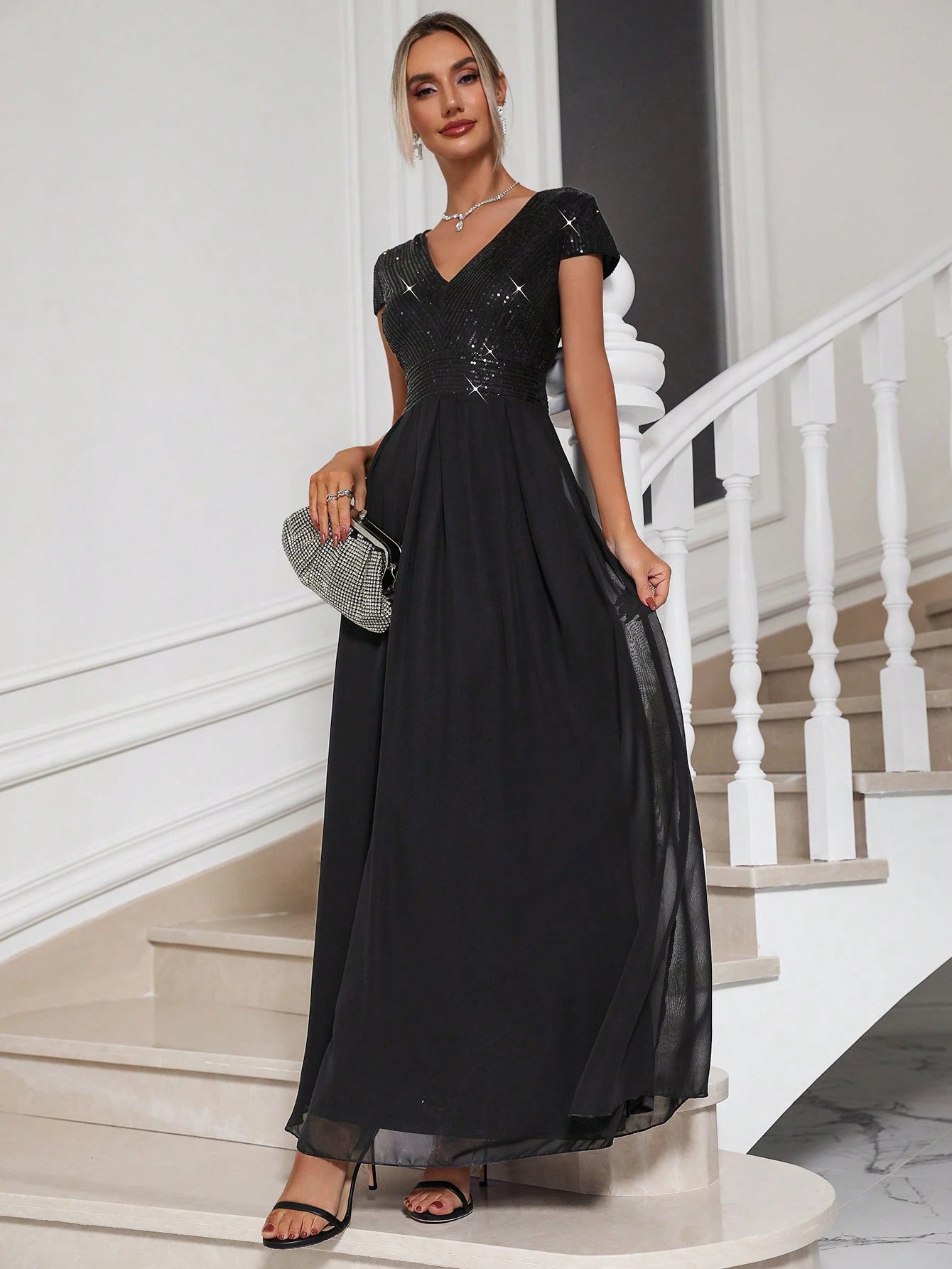 SHEIN Chiquease Contrast Sequin Chiffon Prom Dress Maxi Women Outfit