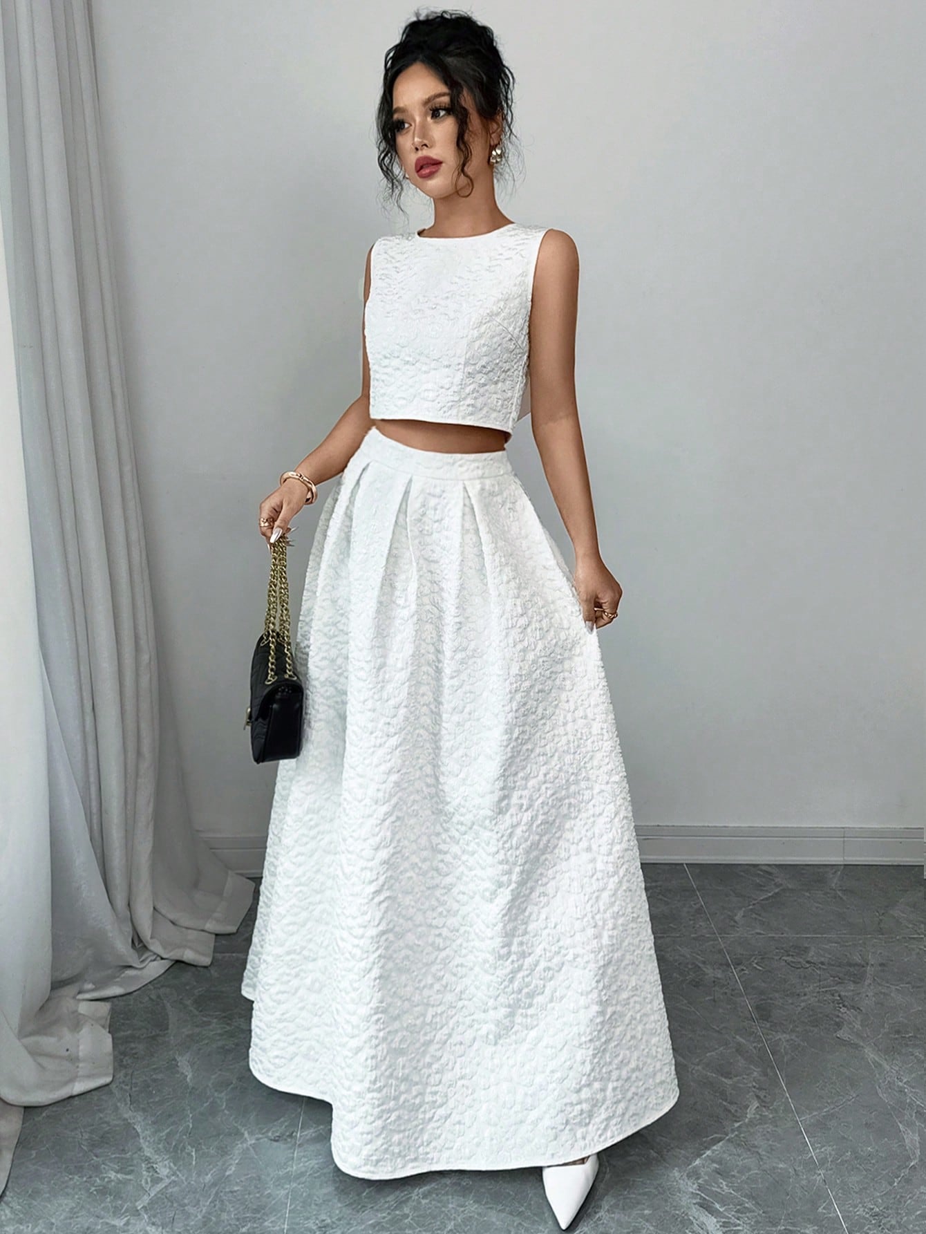  | SHEIN Chiquease Floral Jacquard Textured Back Bow Knot Blouse And A-Line Skirt | Top and Pant Set | Shein | OneHub