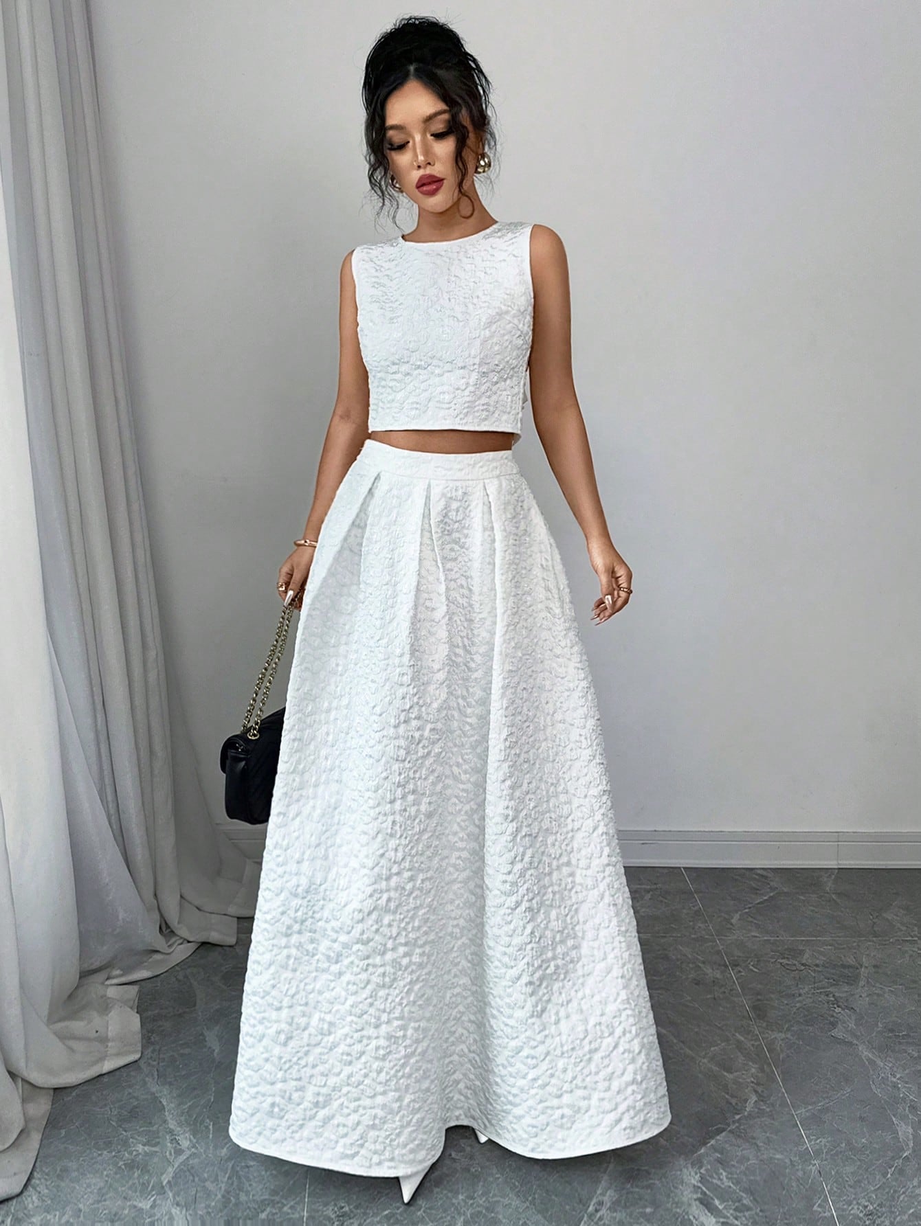  | SHEIN Chiquease Floral Jacquard Textured Back Bow Knot Blouse And A-Line Skirt | Top and Pant Set | Shein | OneHub