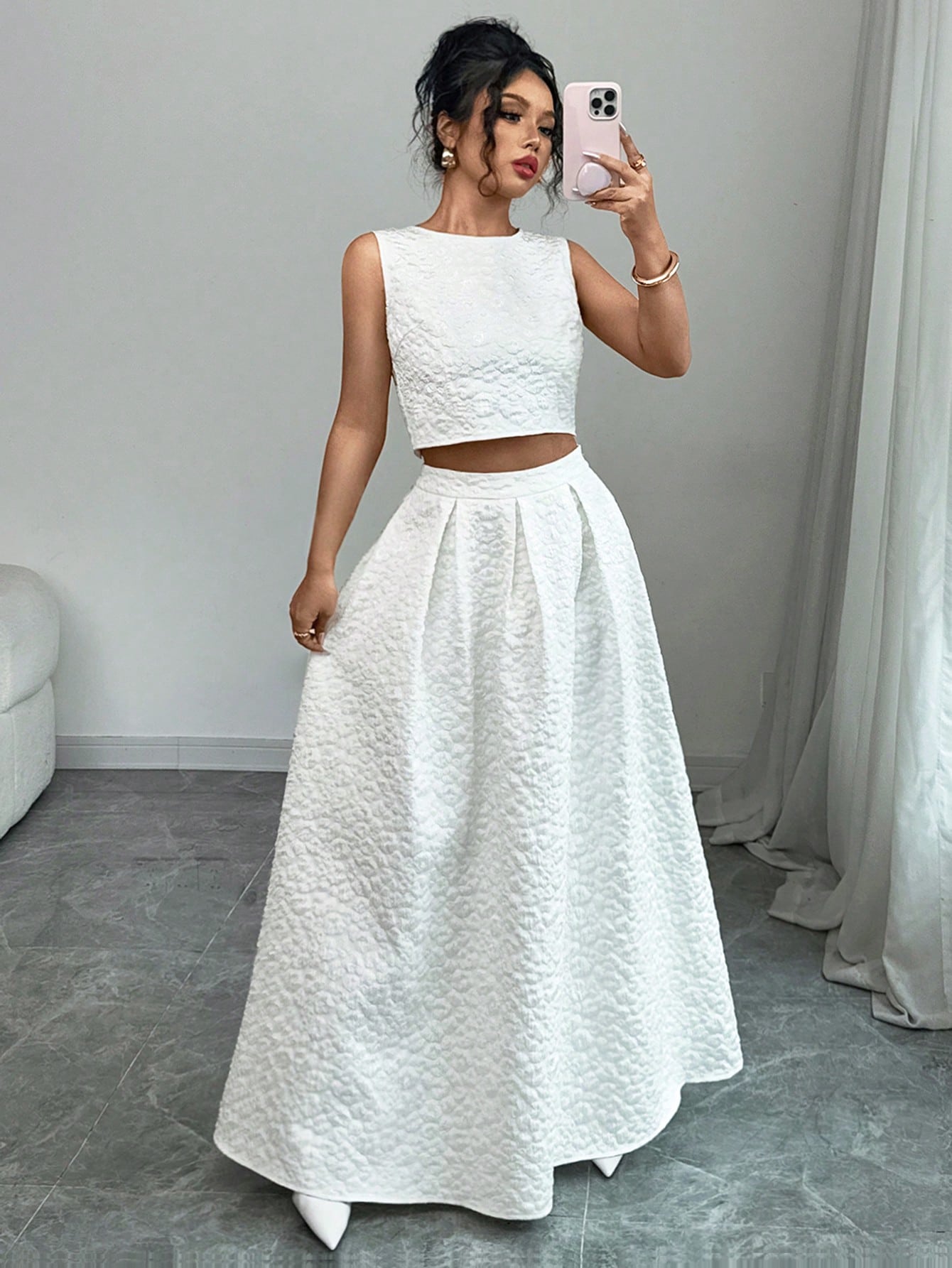  | SHEIN Chiquease Floral Jacquard Textured Back Bow Knot Blouse And A-Line Skirt | Top and Pant Set | Shein | OneHub