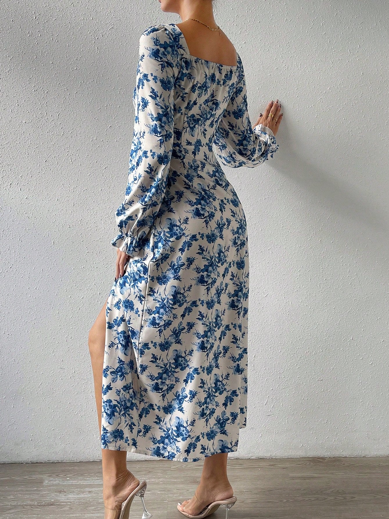 SHEIN Chiquease Floral Print Flare Sleeve Knot Front Split Thigh Dress