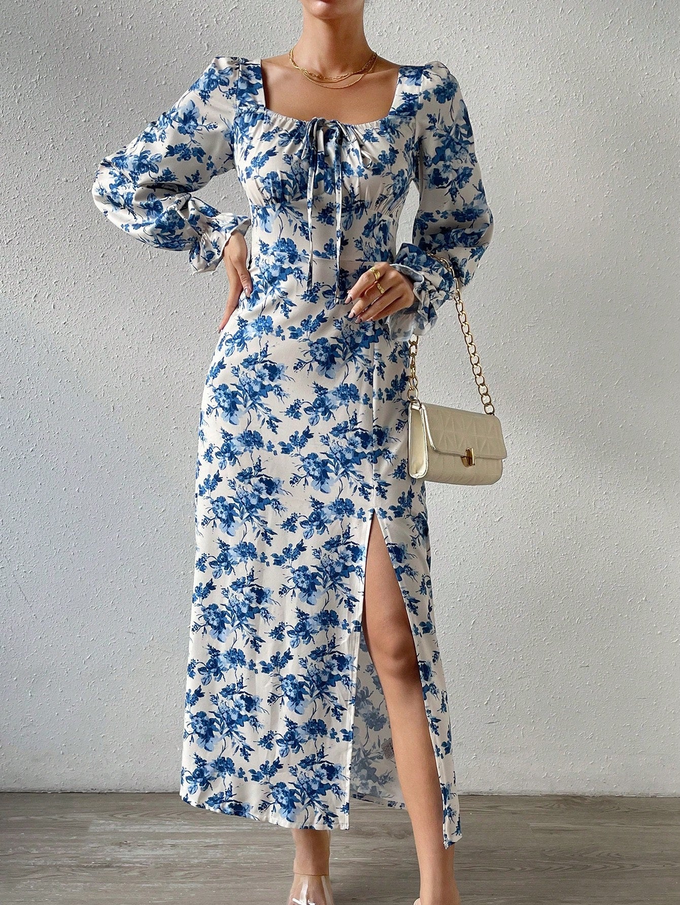 SHEIN Chiquease Floral Print Flare Sleeve Knot Front Split Thigh Dress