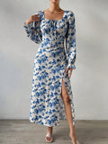 SHEIN Chiquease Floral Print Flare Sleeve Knot Front Split Thigh Dress