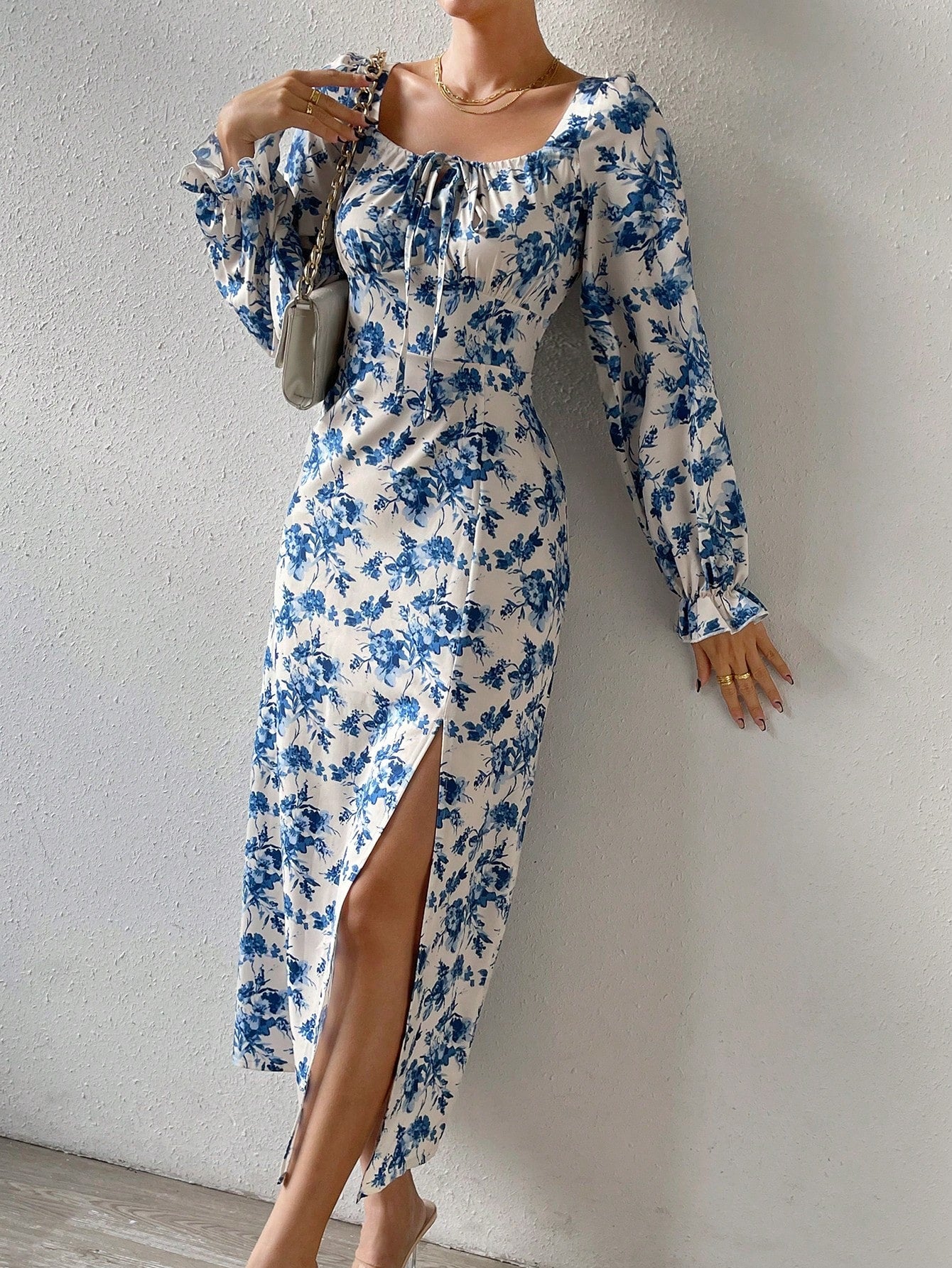 SHEIN Chiquease Floral Print Flare Sleeve Knot Front Split Thigh Dress