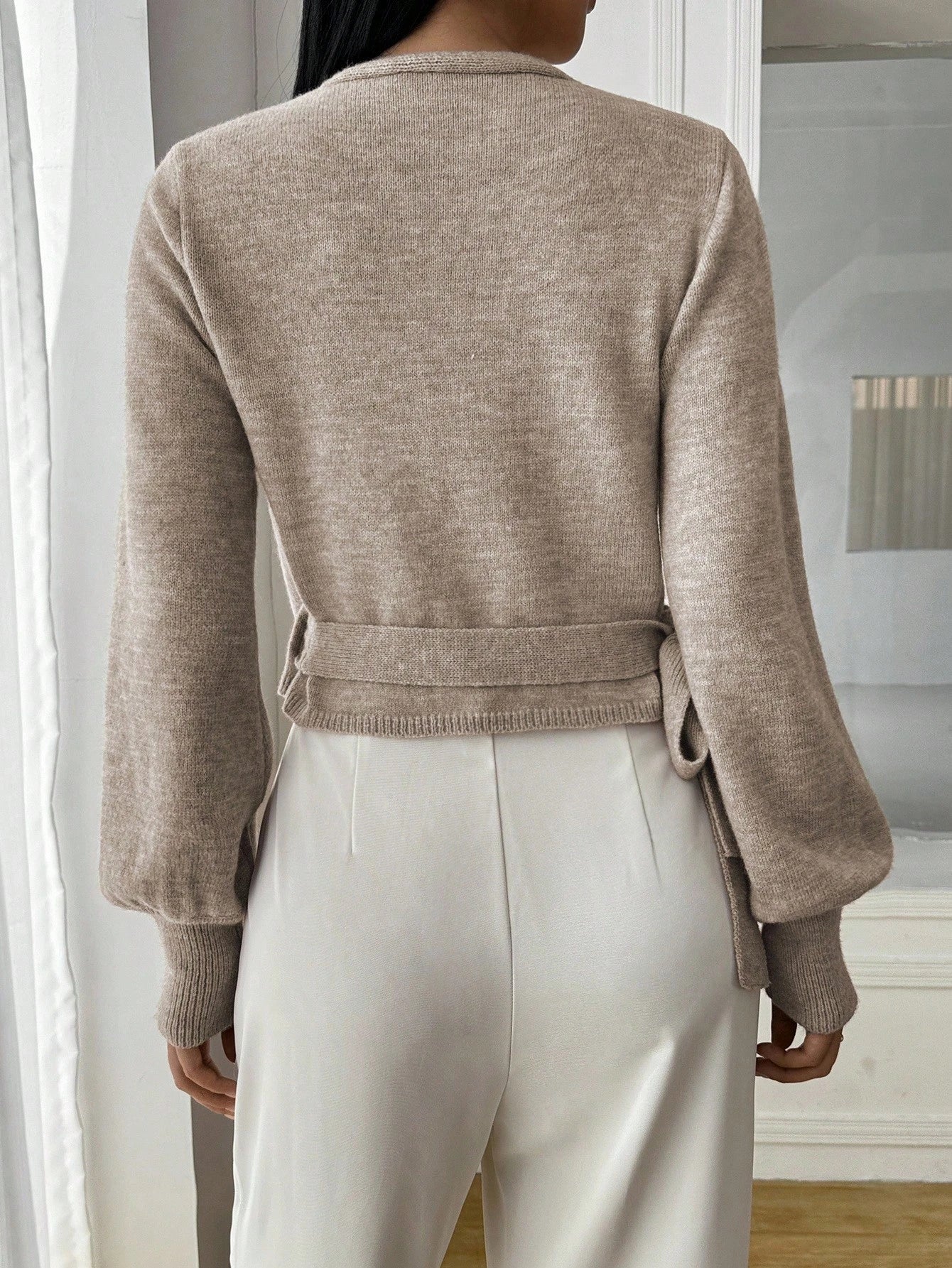 SHEIN Chiquease Floral Print Wrap-Style Cropped V-Neck Tie Waist Long Gigot Sleeve Casual Elegant Sweater For Women,Long Sleeve Tops Knit Pullover Fall Winter Outfit