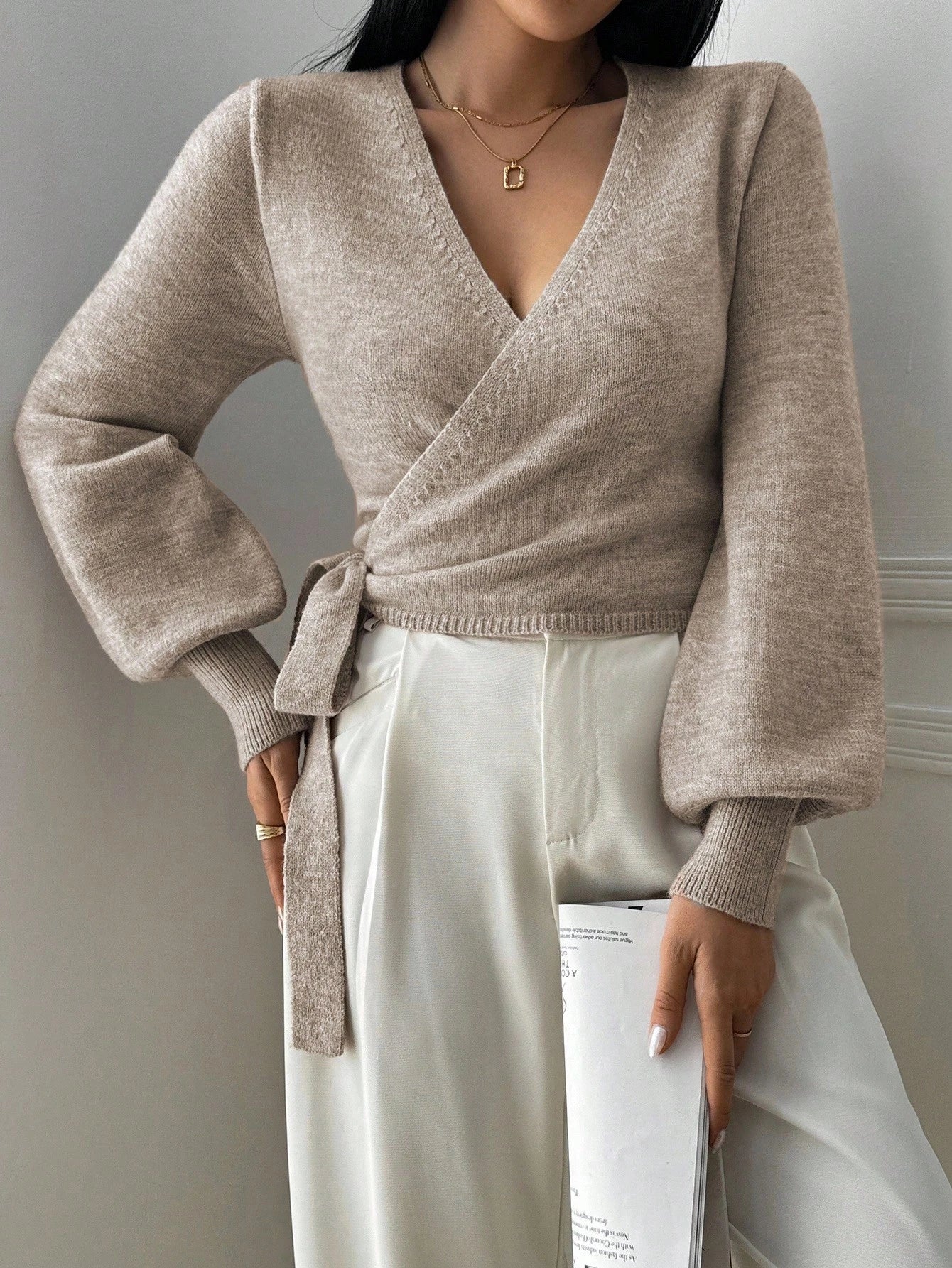 SHEIN Chiquease Floral Print Wrap-Style Cropped V-Neck Tie Waist Long Gigot Sleeve Casual Elegant Sweater For Women,Long Sleeve Tops Knit Pullover Fall Winter Outfit