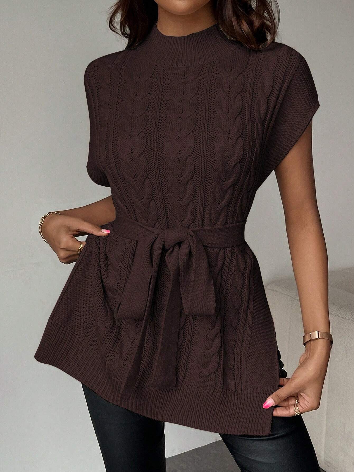 SHEIN Chiquease High Collar Split Waist Belt Elegant Sleeveless Sweater Vest