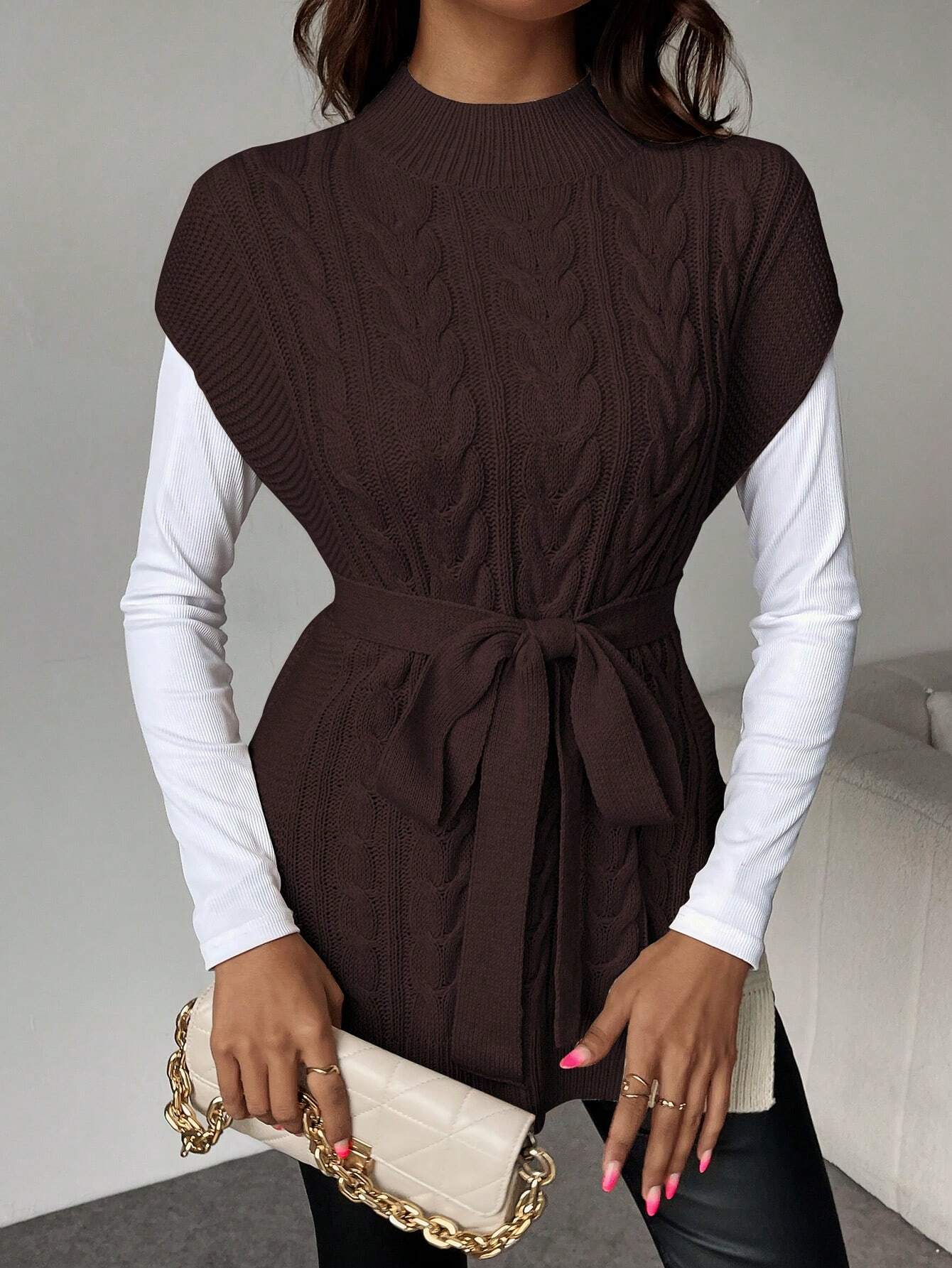 SHEIN Chiquease High Collar Split Waist Belt Elegant Sleeveless Sweater Vest