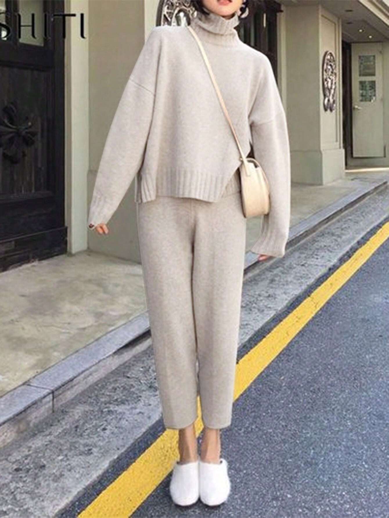 SHEIN Chiquease Solid High Neck Drop Shoulder Sweater & Knit Pants Fall Winter Cloth For Women