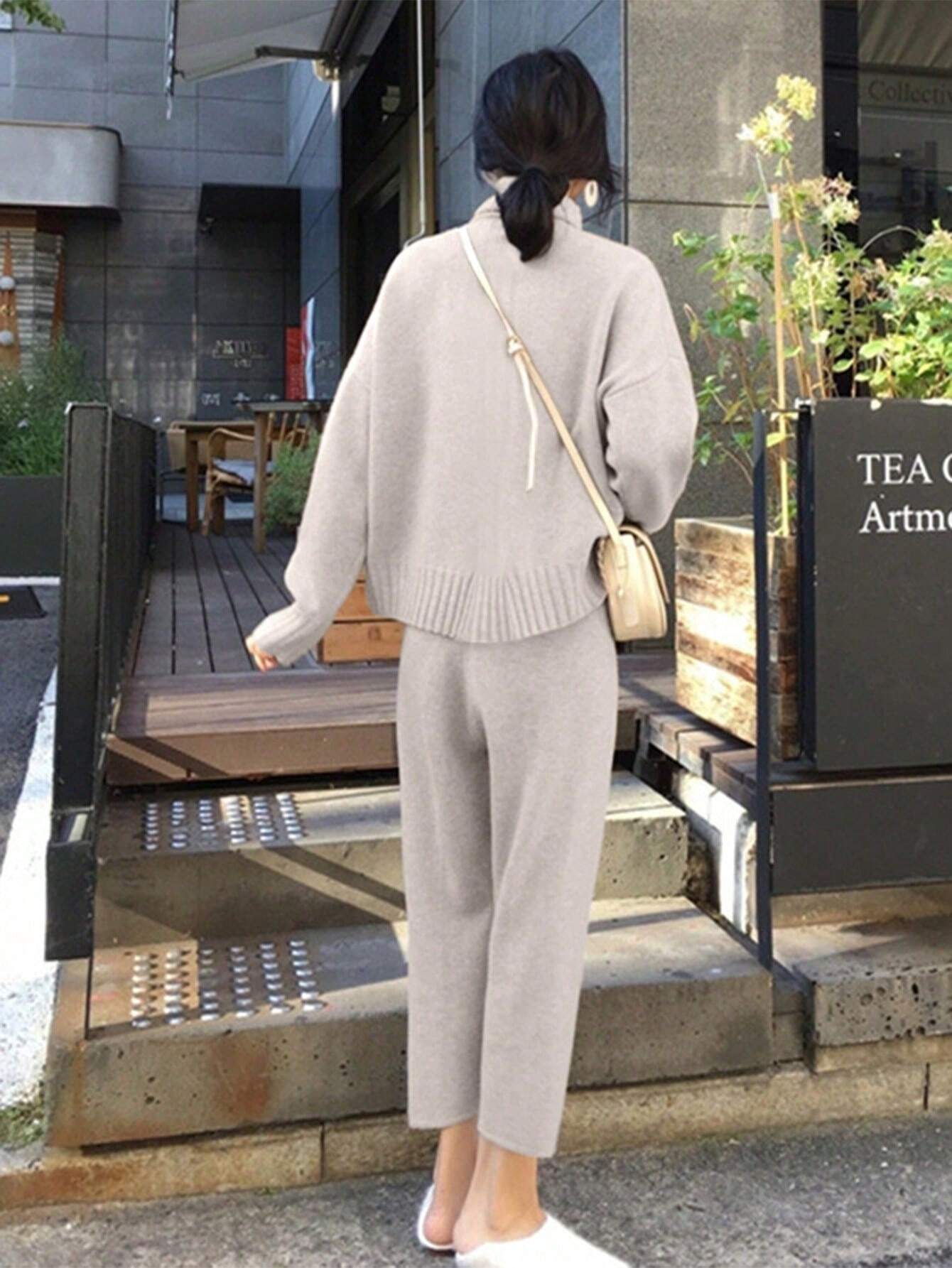 SHEIN Chiquease Solid High Neck Drop Shoulder Sweater & Knit Pants Fall Winter Cloth For Women