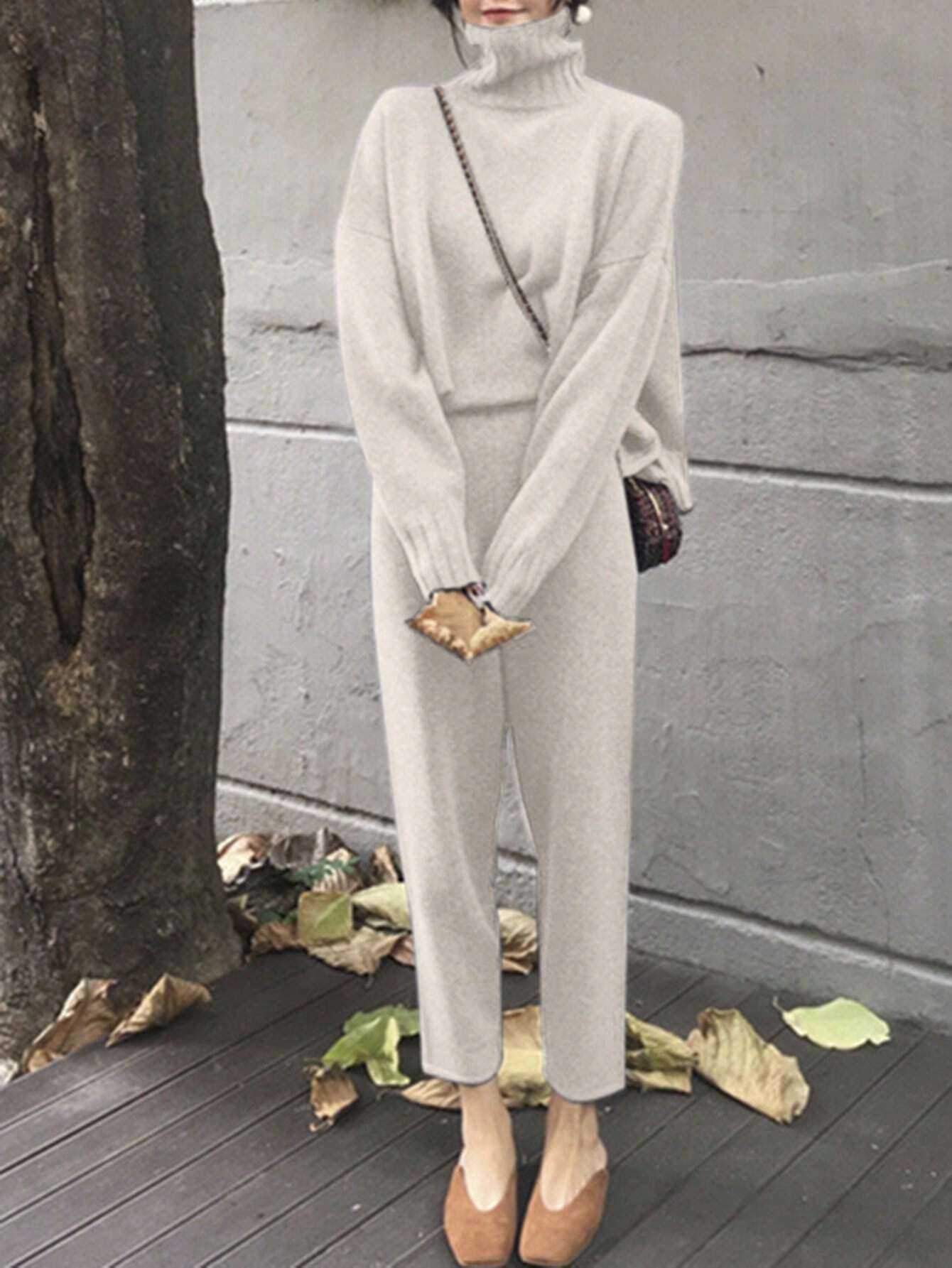 SHEIN Chiquease Solid High Neck Drop Shoulder Sweater & Knit Pants Fall Winter Cloth For Women