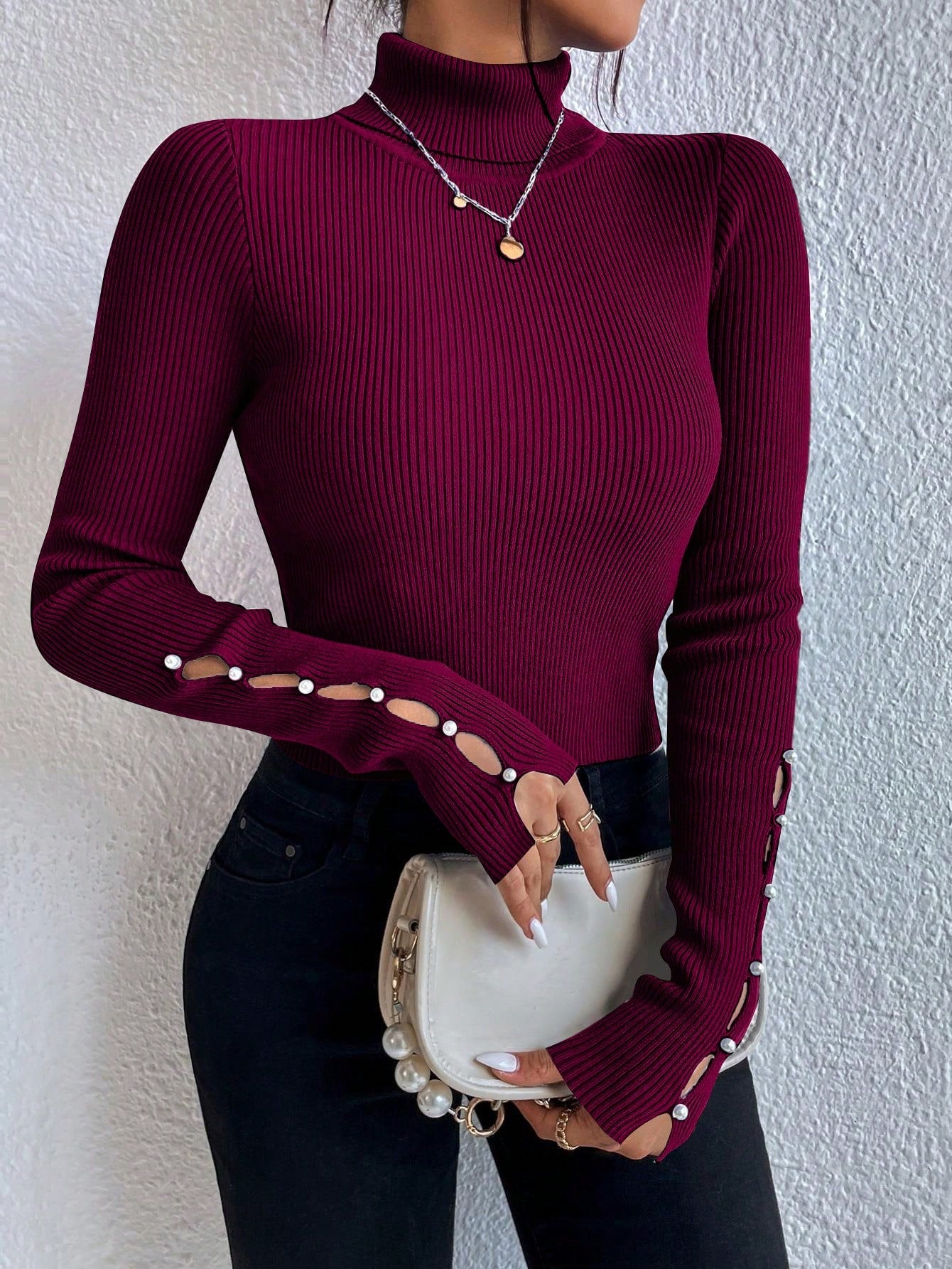 SHEIN Chiquease Turtleneck Button Detail Ribbed Knit Sweater,Long Sleeve Tops Knit Pullover Fall Winter Outfit