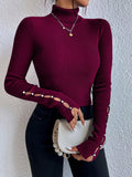 SHEIN Chiquease Turtleneck Button Detail Ribbed Knit Sweater,Long Sleeve Tops Knit Pullover Fall Winter Outfit