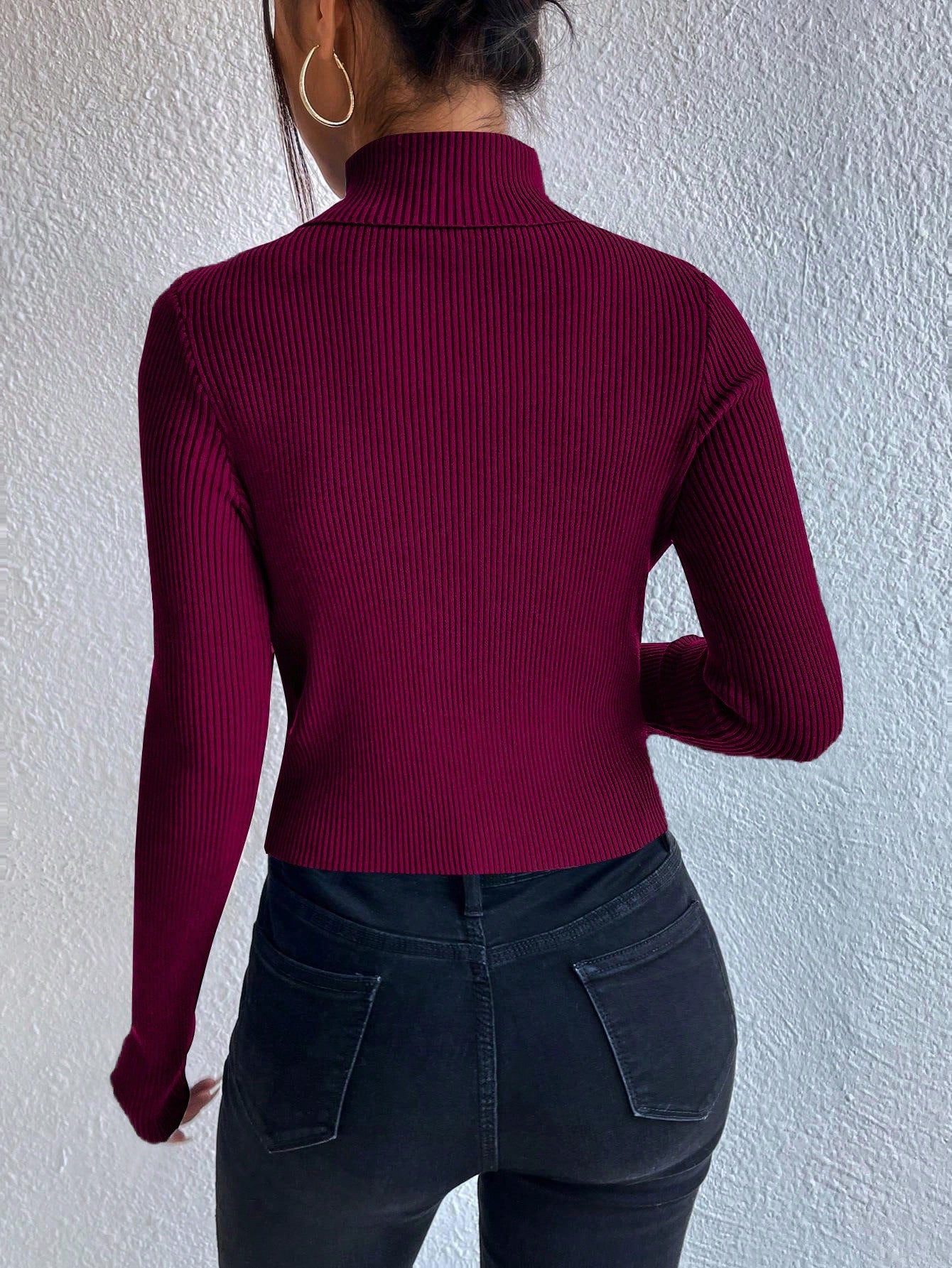 SHEIN Chiquease Turtleneck Button Detail Ribbed Knit Sweater,Long Sleeve Tops Knit Pullover Fall Winter Outfit