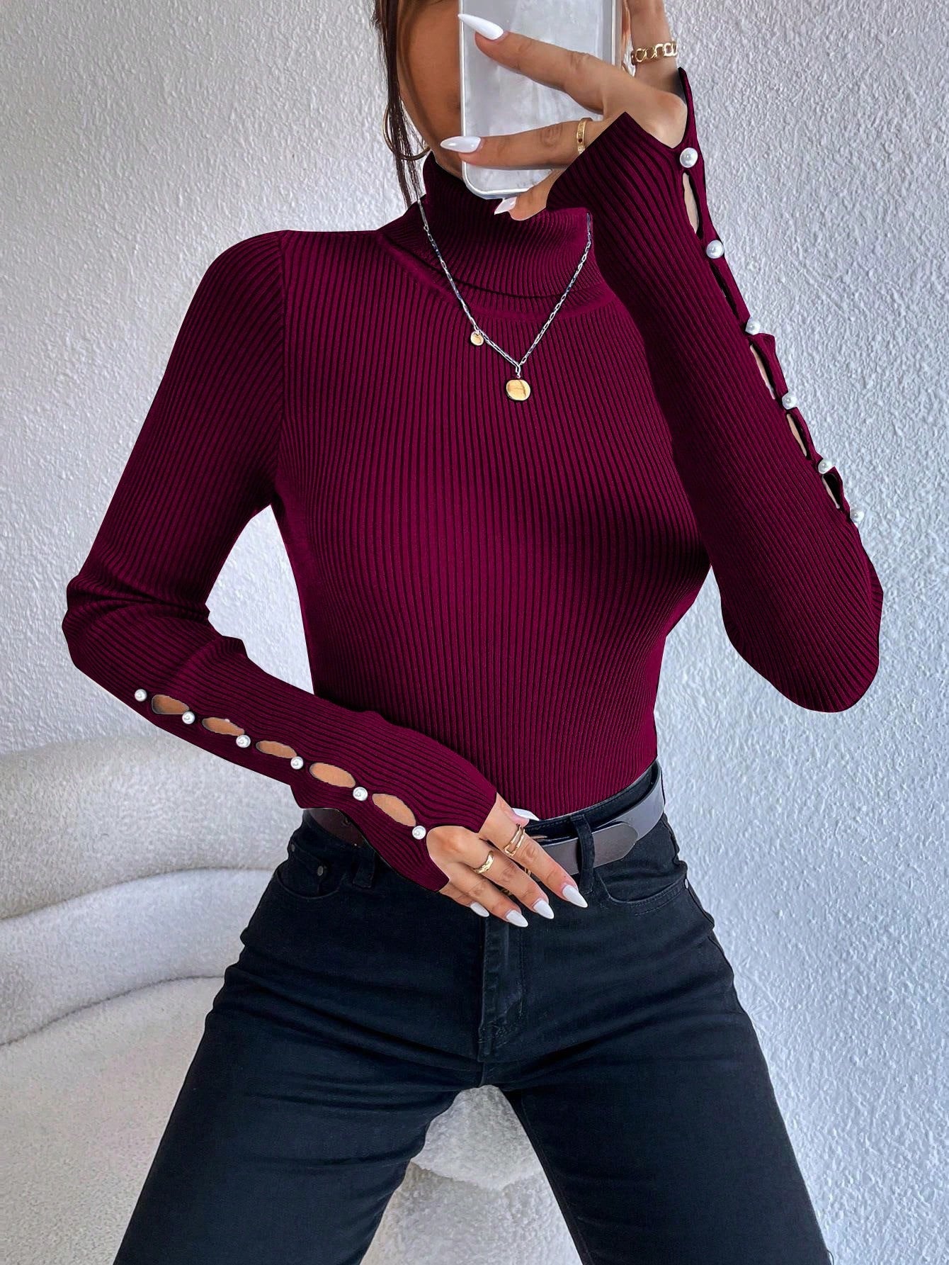 SHEIN Chiquease Turtleneck Button Detail Ribbed Knit Sweater,Long Sleeve Tops Knit Pullover Fall Winter Outfit